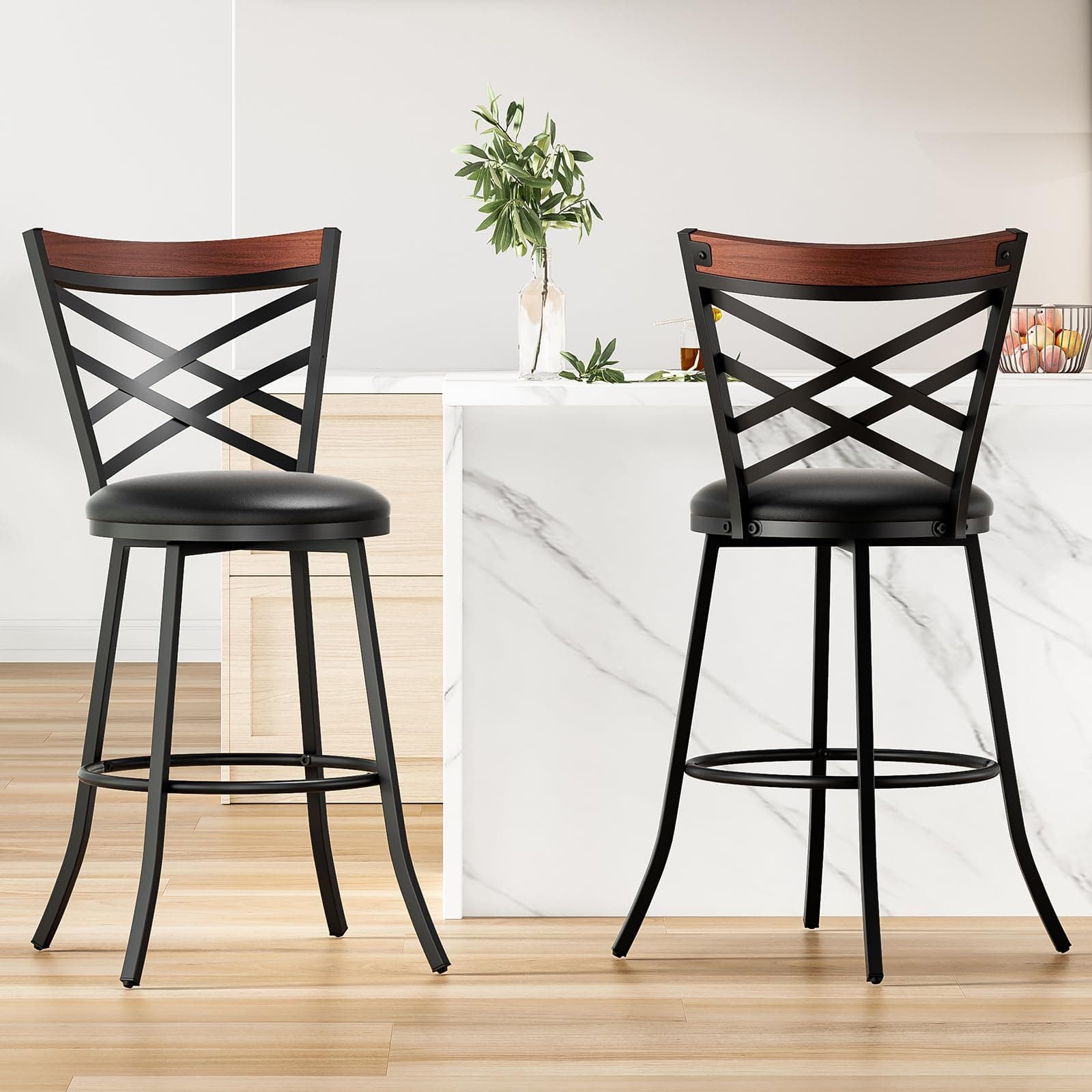 Mid Century Modern Swivel Bar Stools Set of 2,Black Counter Height Chairs