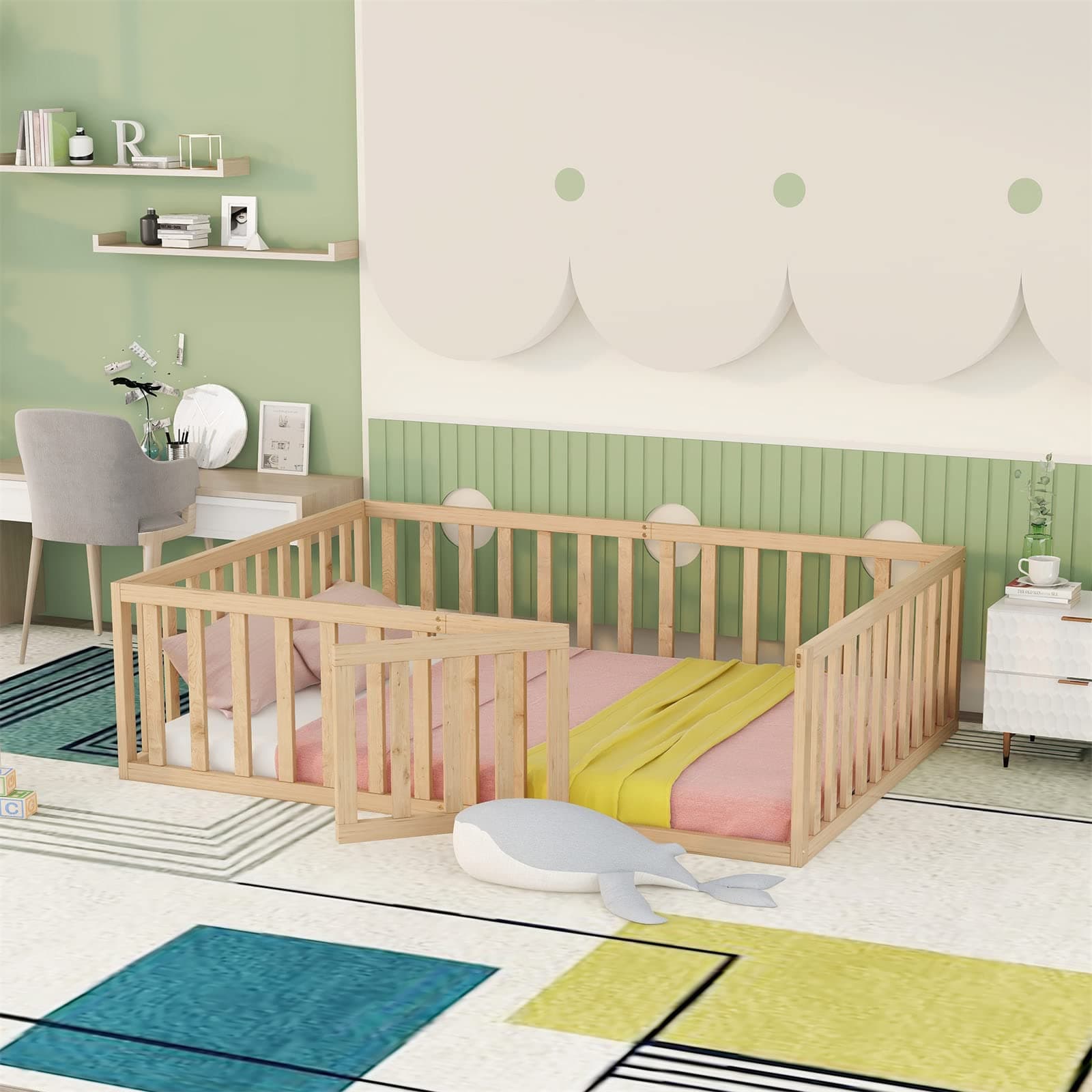 Wooden Montessori Full Size Bed Frame with Safety Rails for Kids, Easy Assembly, Natural Wood Finish