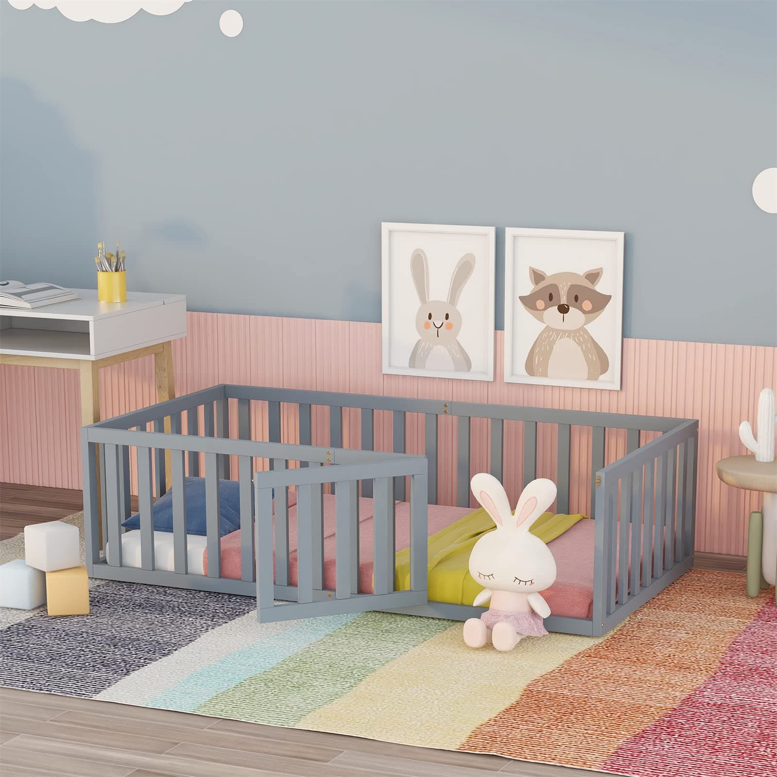 i-POOK Twin Size Floor Bed Frame with Fence and Door, Gray