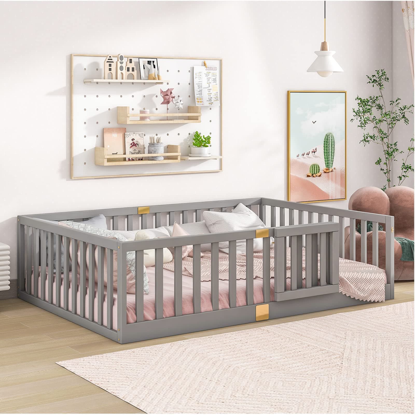 Tatub Full Montessori Floor Bed, Solid Wood, High Rails, Grey