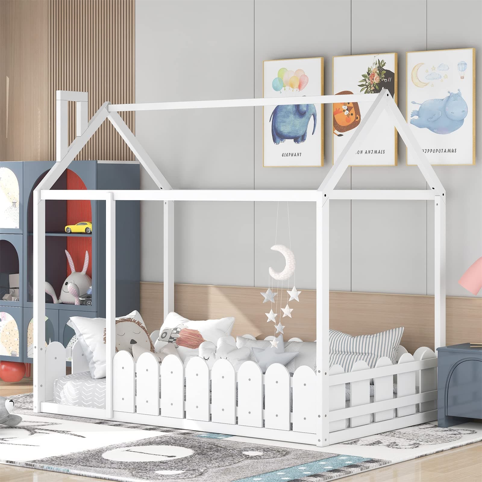 White Montessori Twin House Bed Frame with Fence