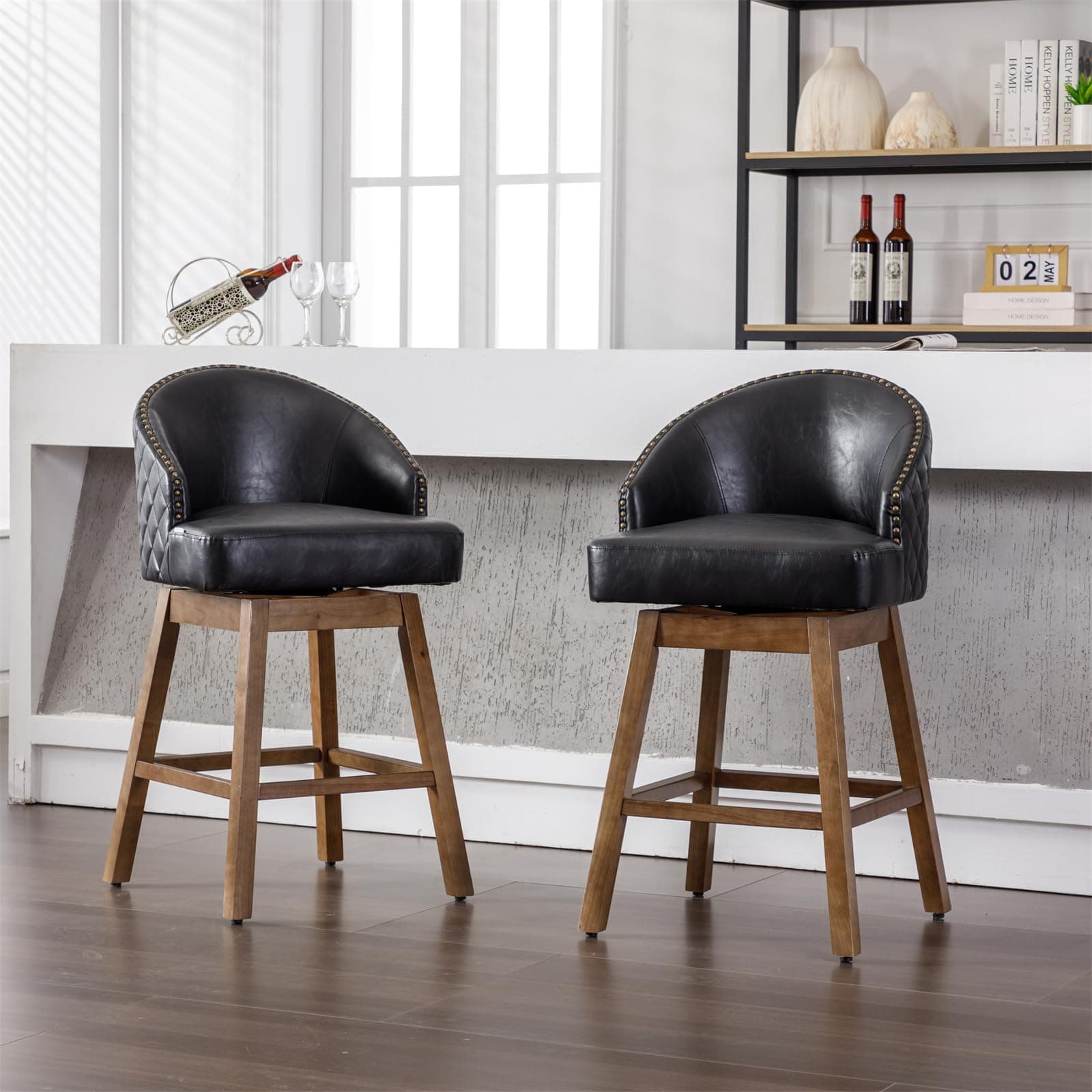 Swivel Counter Stools Set of 2 with PU Leather and Nailheads Trim