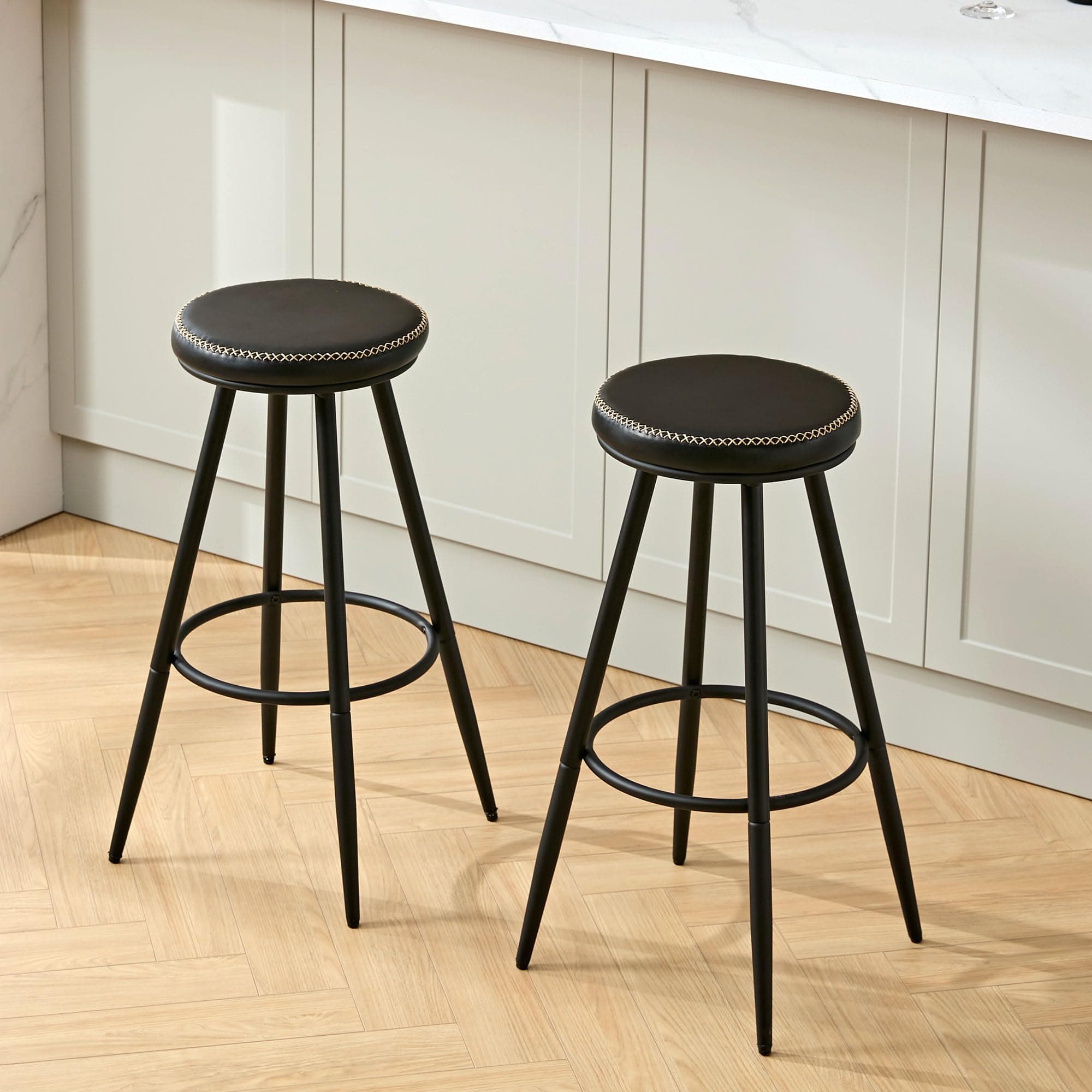 28" Swivel Black Faux Leather Bar Stools for Kitchen Island (2 PCS)