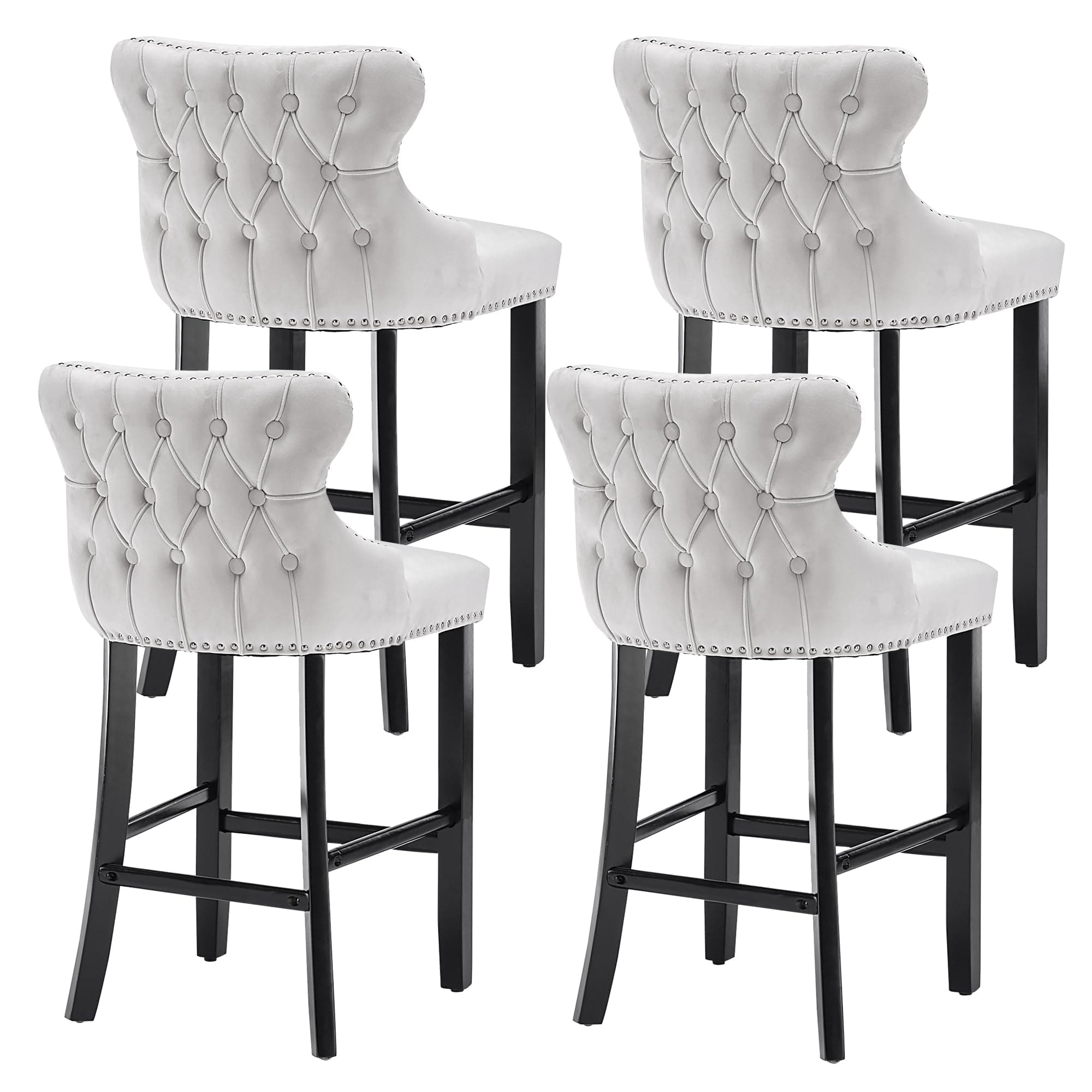 Velvet Upholstered Barstools Set of 4 with Wood Legs for Kitchen Island Pub