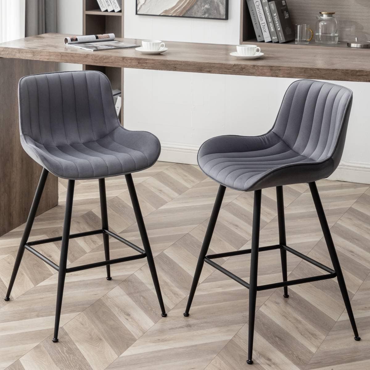 Modern Velvet Bar Stools, Grey with Black Legs, Set of 2 for Kitchen Island.