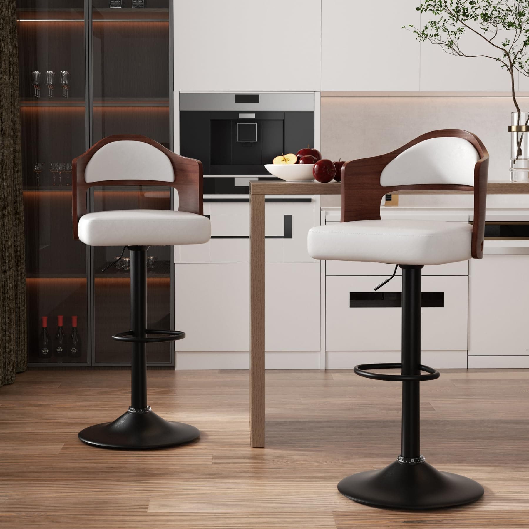Adjustable Height Wooden Bar Stools Set PU Leatheratoi UTF8 Seat Back & Footrest