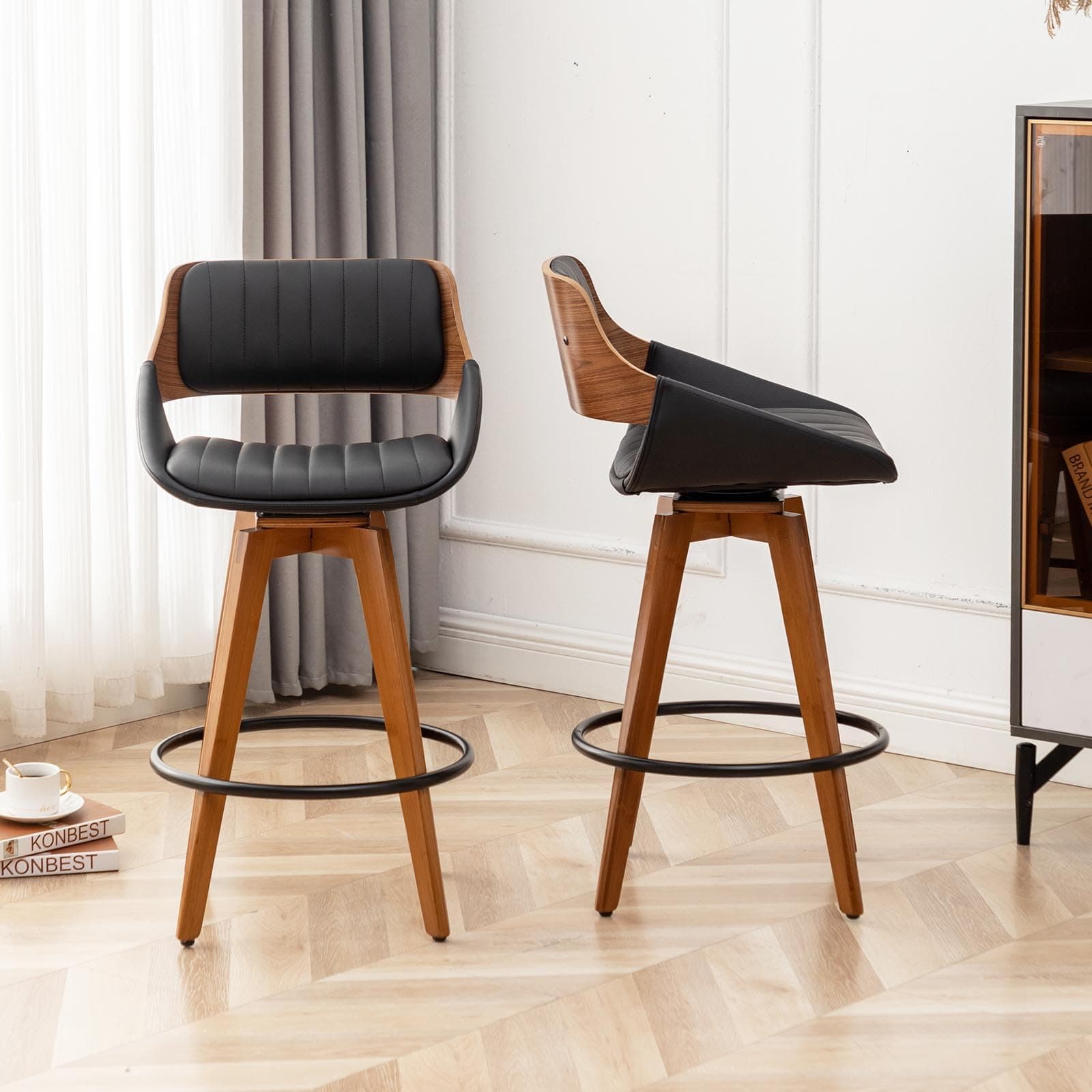Mid Century Modern Swivel Bar Stools Set of 2 for Kitchen Island, Black