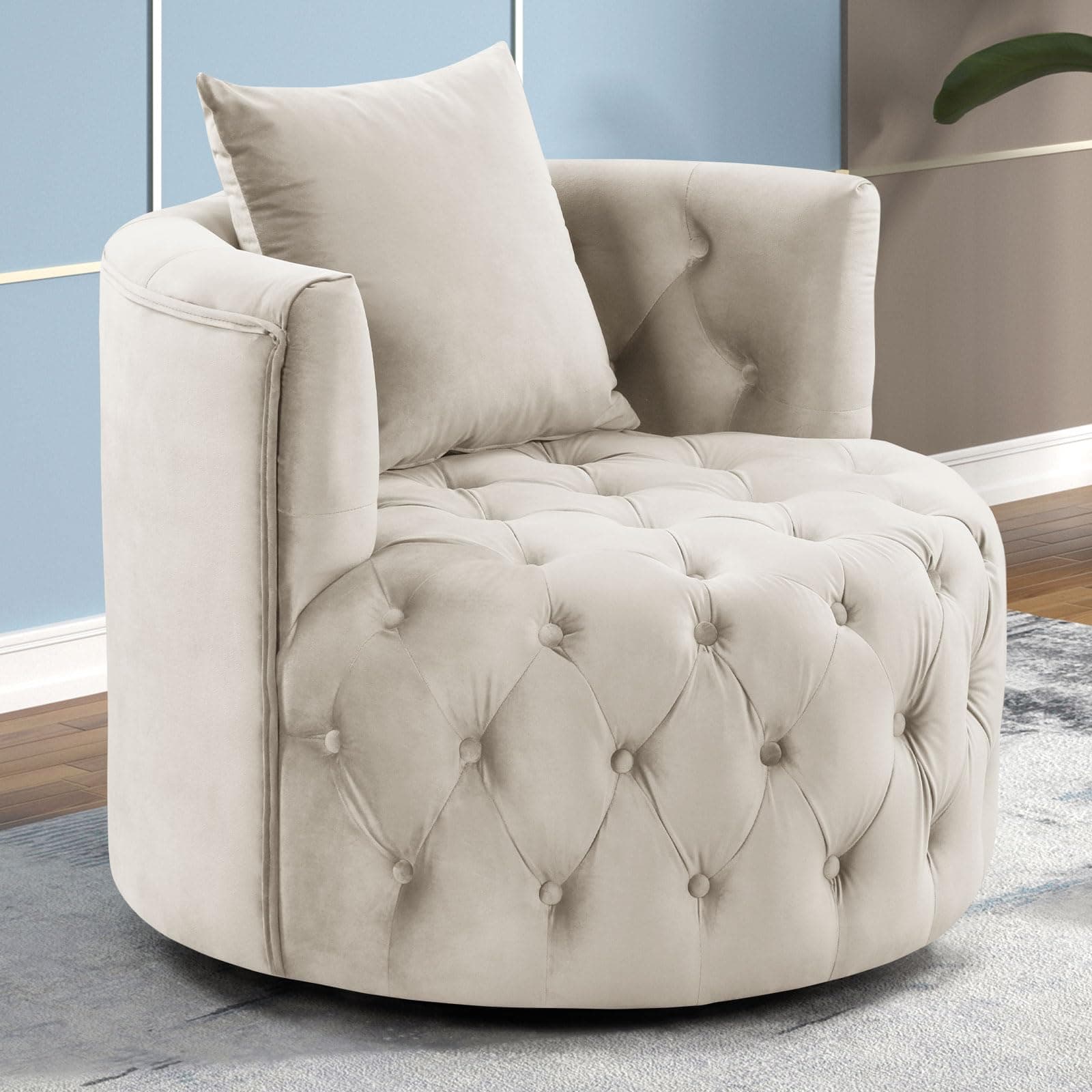 Beige INZOY Swivel Barrel Chair, Plump Pillow, Modern Living Room_bedroom Accent Chair