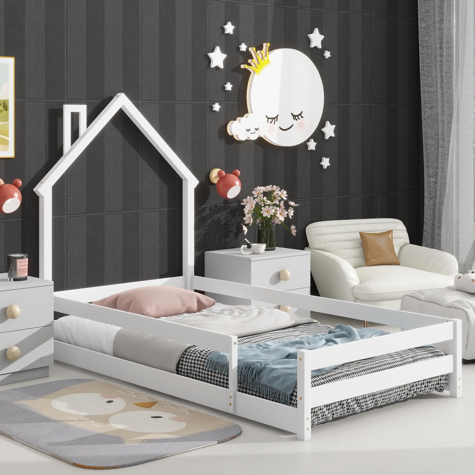 Montessori Twin Wooden Floor Bed with House-Shaped Headboard and Fence Guardrails, White