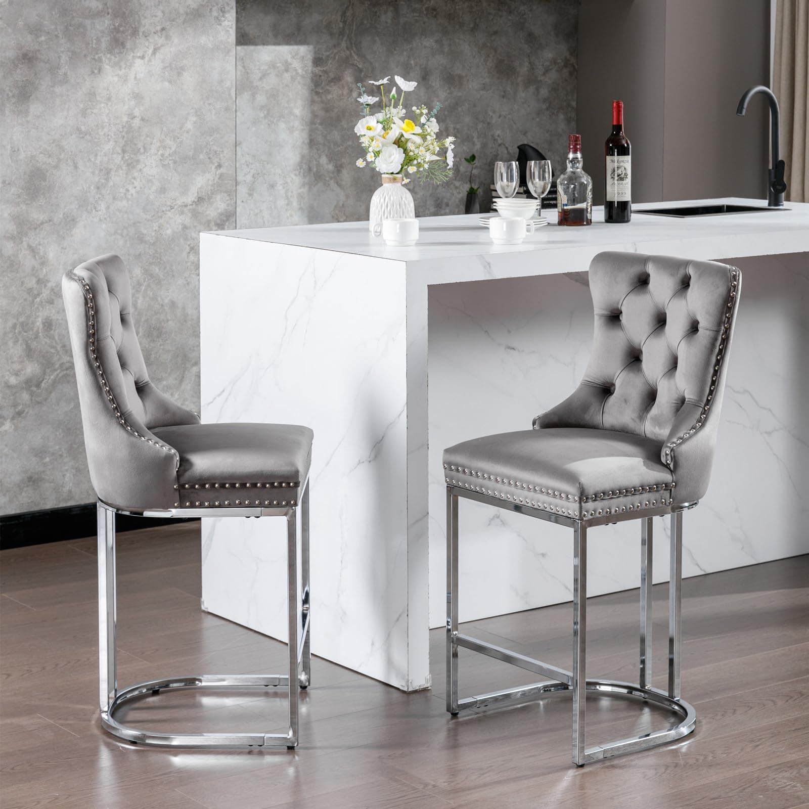 Stylish Velvet Upholstered Bar Stools Set of 2 for Kitchen Island Pub Cafe, Gray