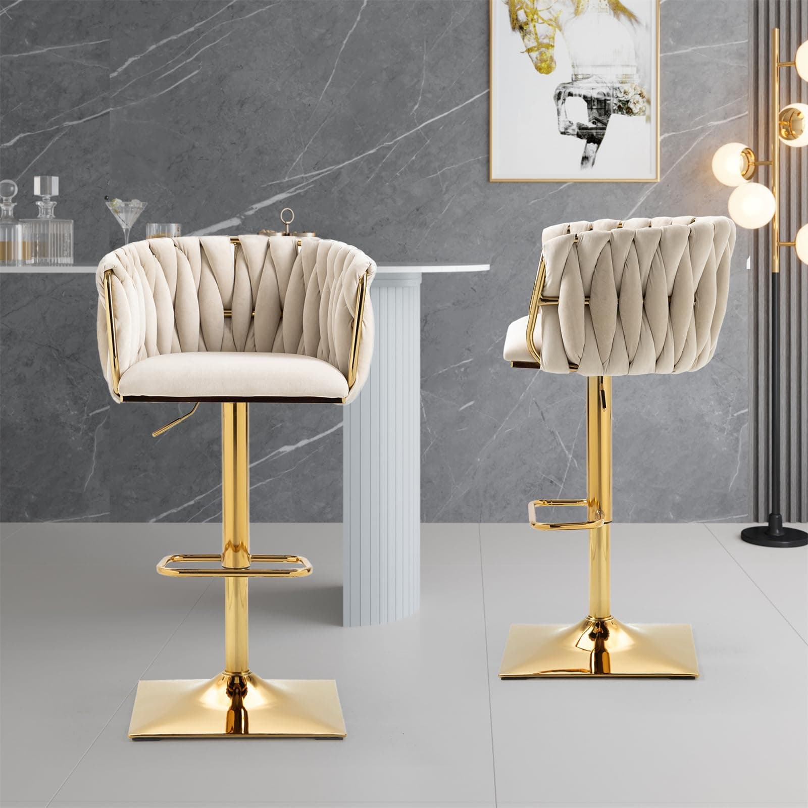 Modern Fabric Upholstered Swivel Bar Stools Set of 2 with Adjustable Height, Woven Back, and Footrest, Ivory