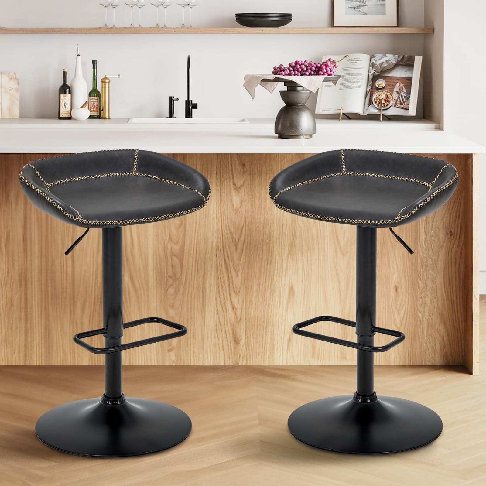 Adjustable Leather Swivel Bar Stools Set of 2 for Kitchen Island and Dining Room in Black