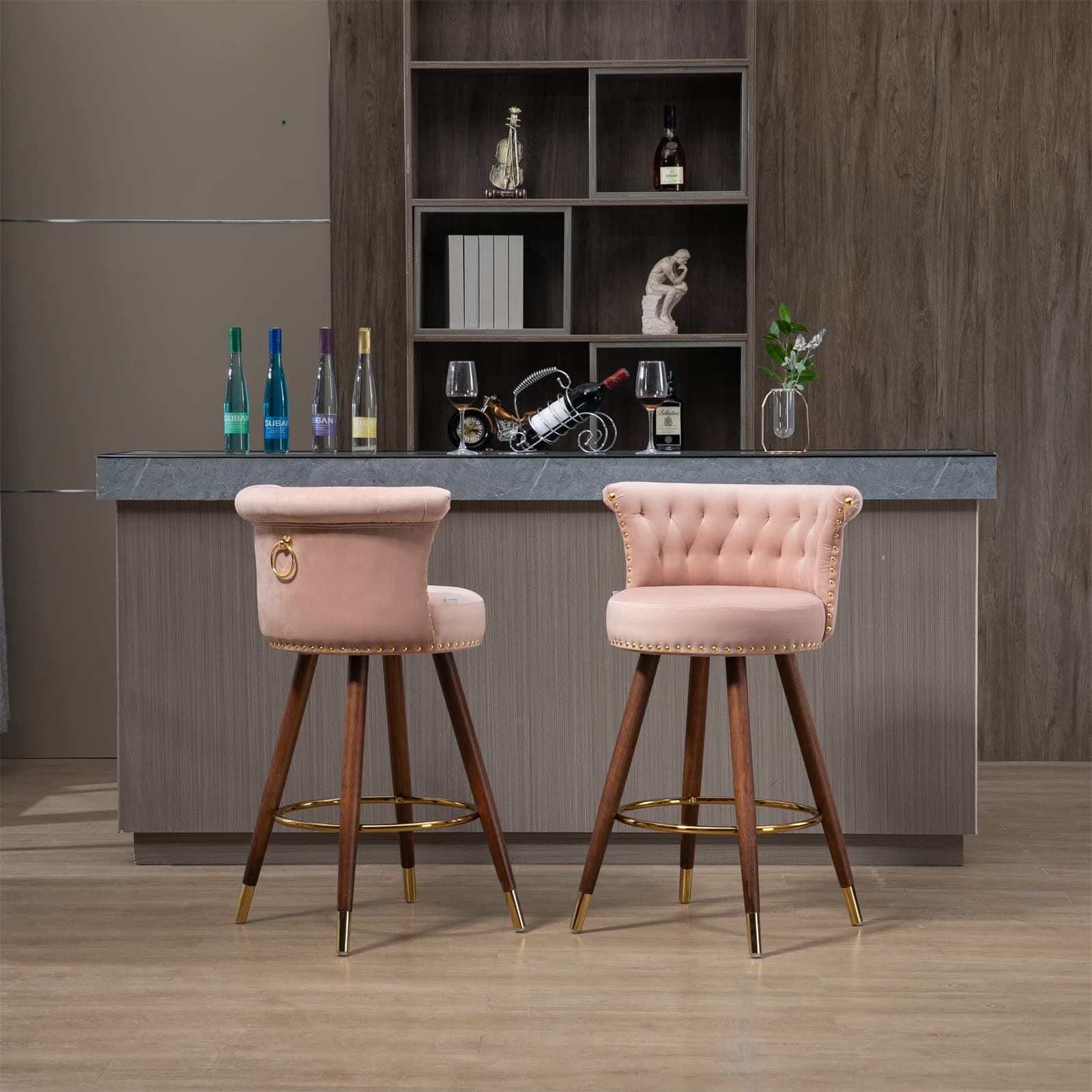 Set of 2 Pink Fabric Swivel Bar Stools for Kitchen Island Pub Dining