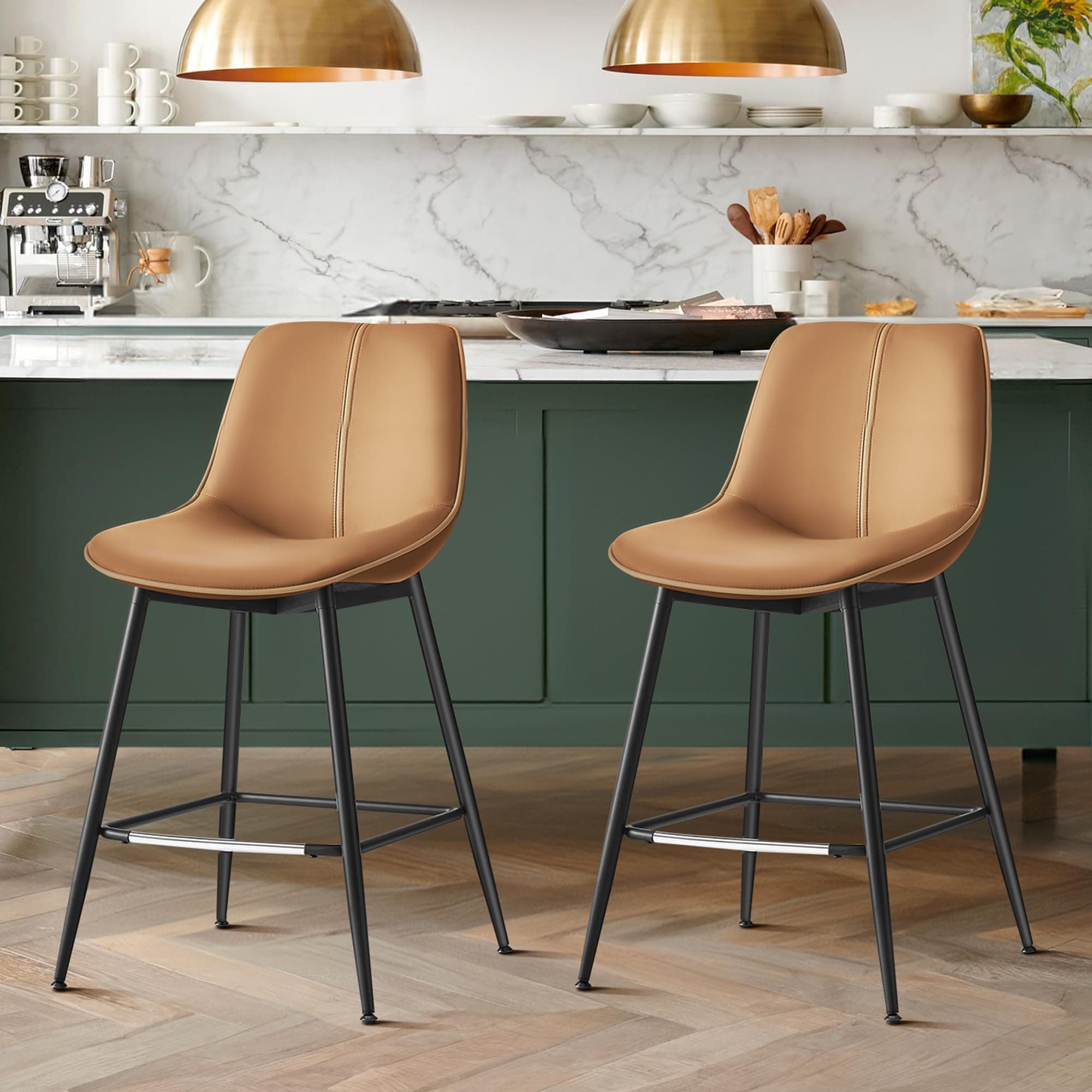 VASAGLE Set of 2 Ergonomic Counter Height Bar Stools with Back, 24.4-Inch, Caramel Brown