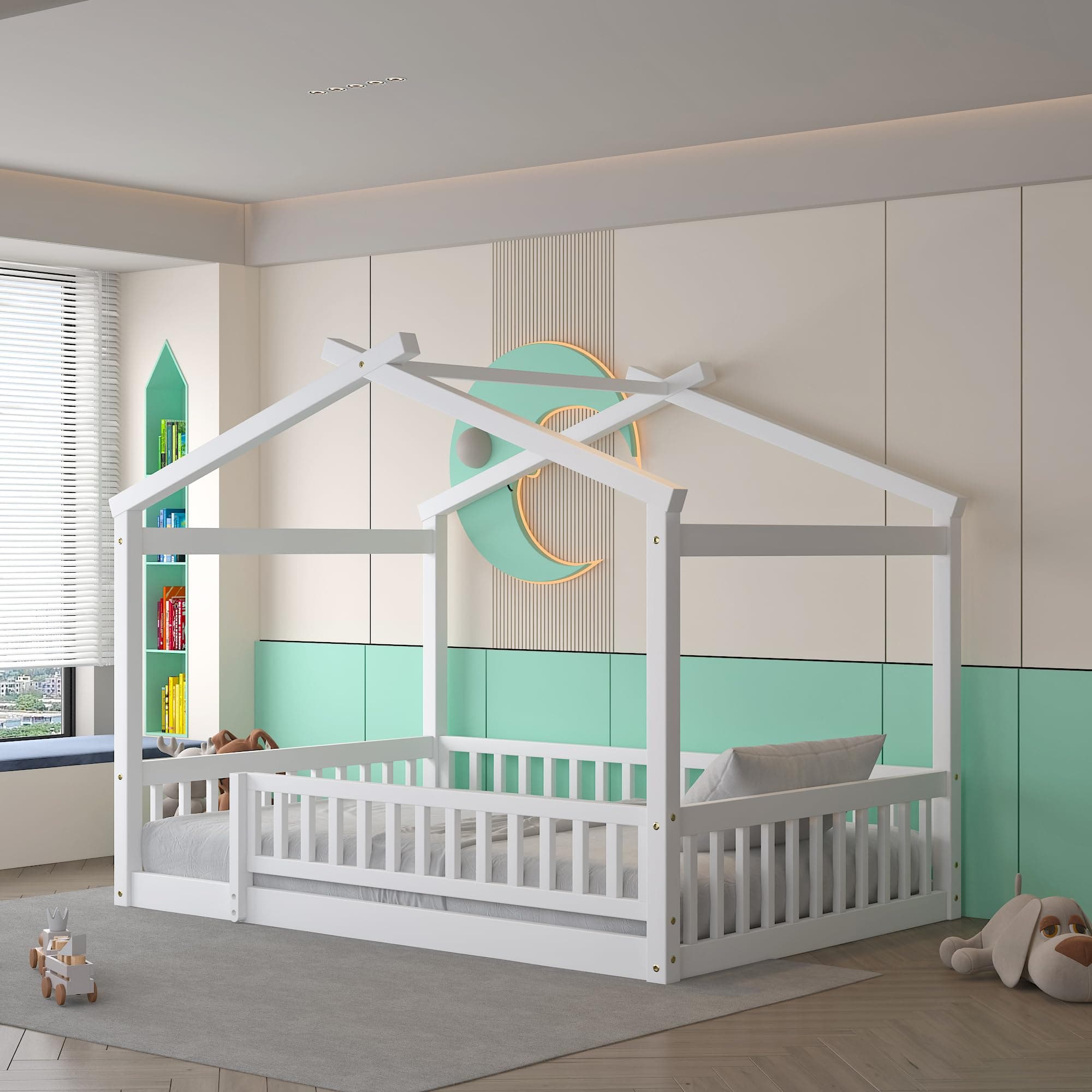 White Wooden Montessori Style Floor Bed with Fence for Kids