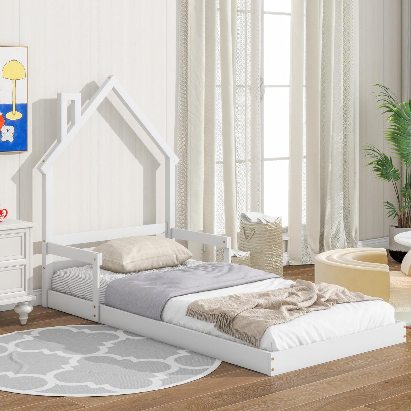 i-POOK Kids Wooden Montessori Floor Bed with House-Shaped Headboard and Handrails, White
