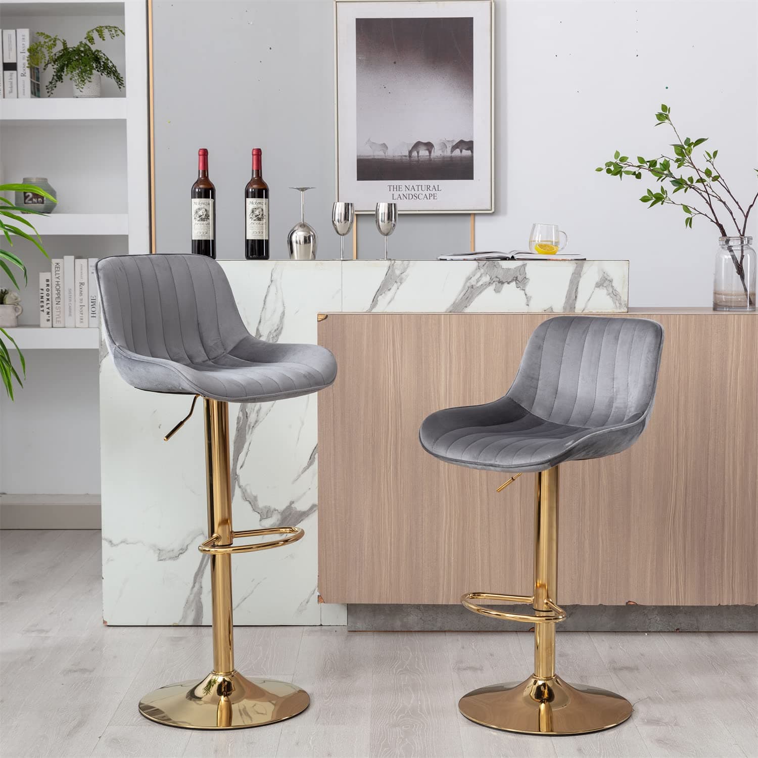 Adjustable Swivel Bar Stools Set of 2 with Back and Footrest, Navy Color