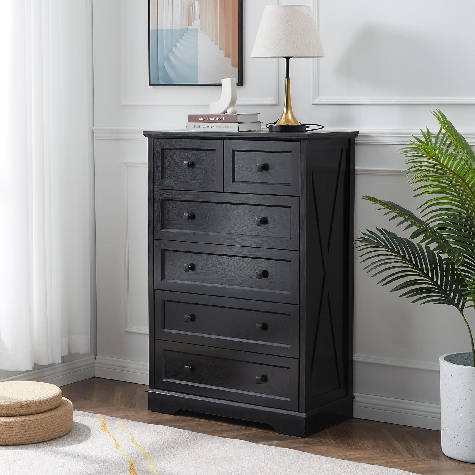 LDTTCUK 6-Drawer Farmhouse Dresser for Bedroom and Living Spaces, 48-Inch Tall, Black