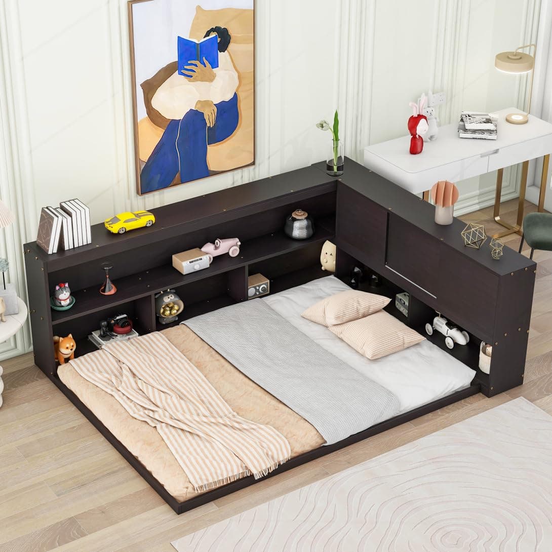 Full Size Daybed with L-Shaped Bookcases and Sliding Doors