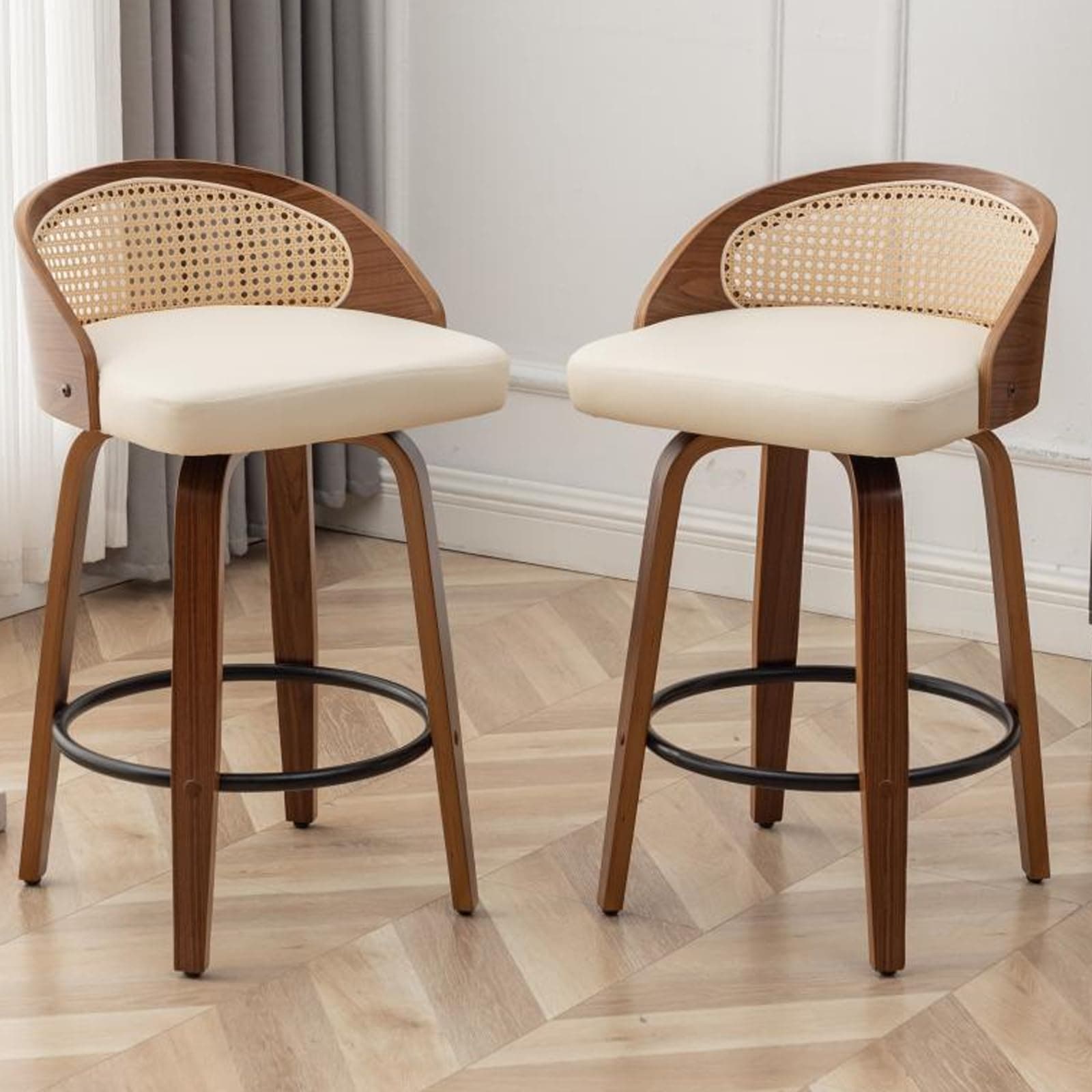Mid-Century Modern Beige Rattan Swivel Bar Stool Set, 26" Walnut Finish