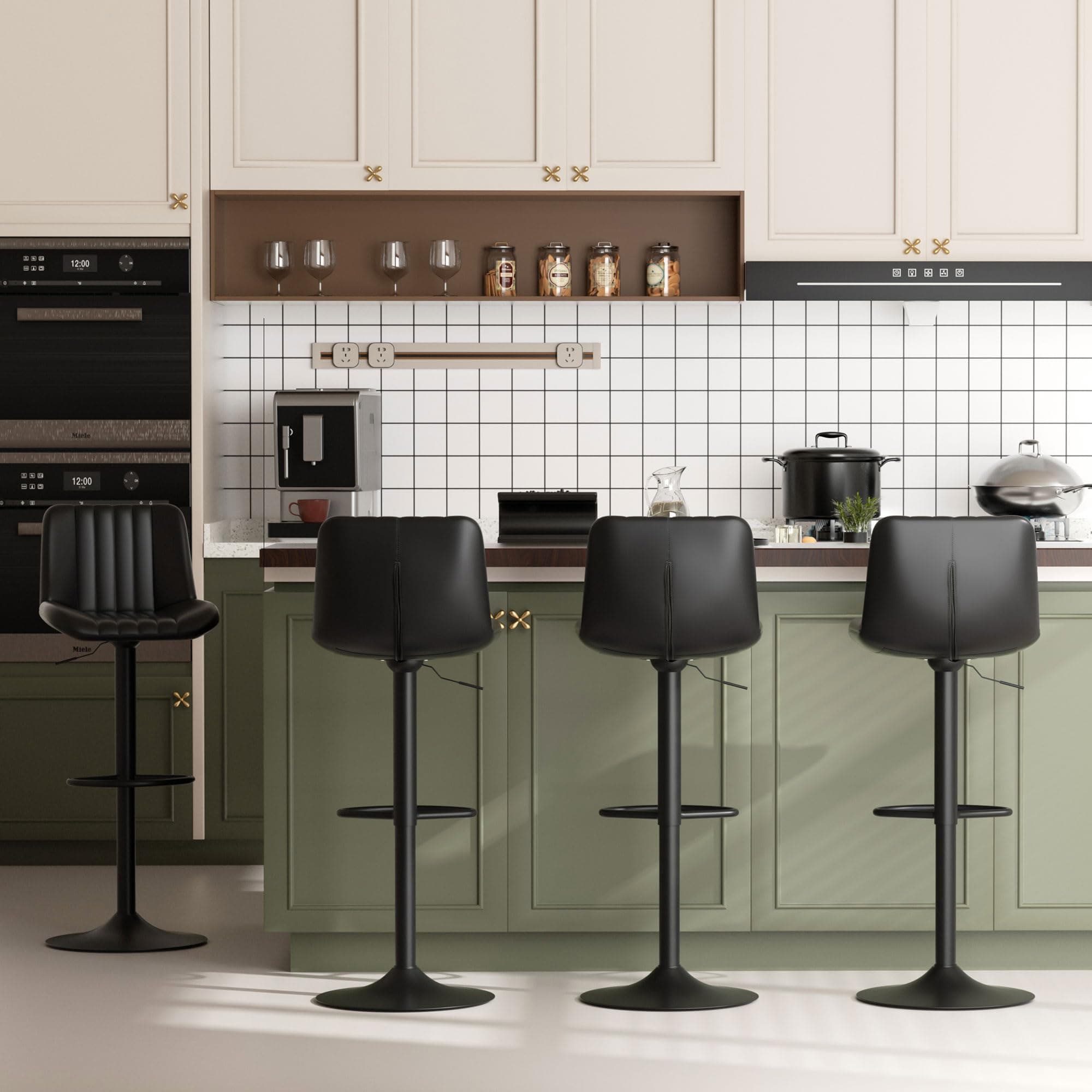 JAMFLY Set of 4 Adjustable Swivel Bar Stools for Kitchen Island, Black Leather