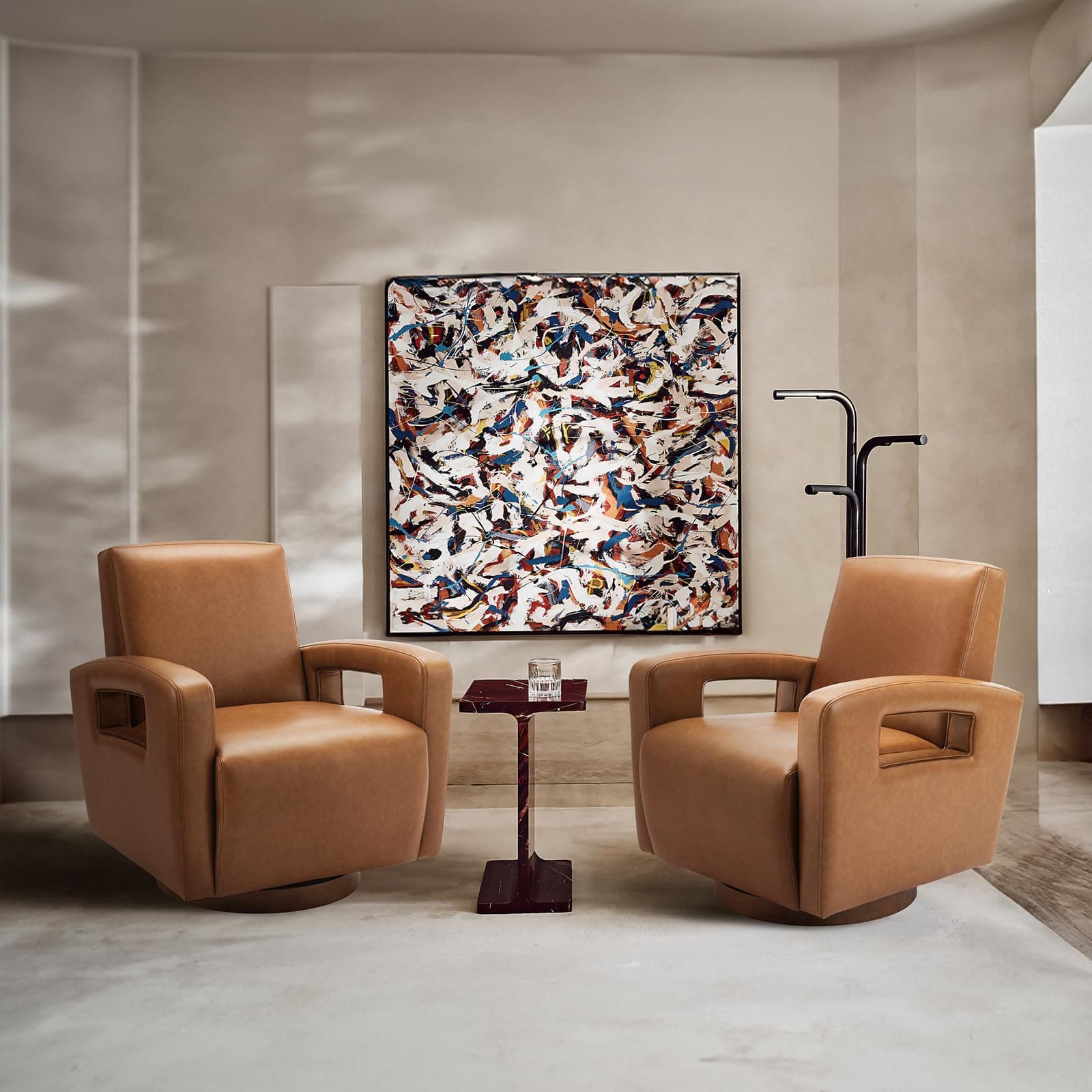 Lightbrown Faux Leather Swivel Chair Set, Solid Wooden Base, Ergonomic Backrest