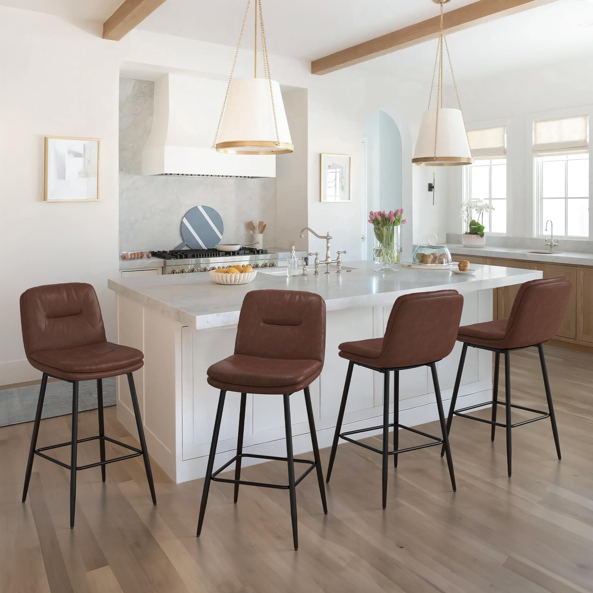 Dark Brown Double-Layer Faux Leather Bar Stools Set of 4