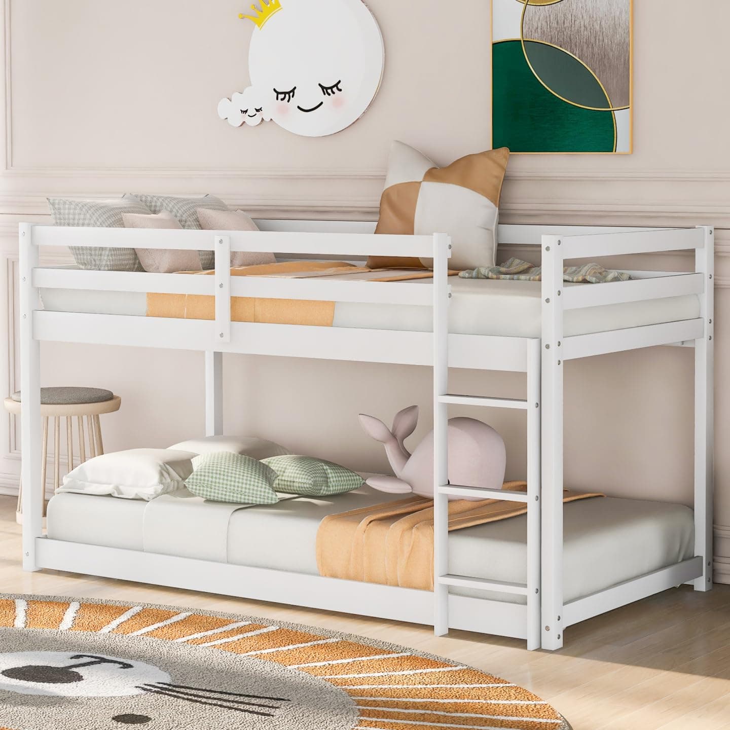 i-POOK Low Floor Twin Bunk Bed with Ladder & Guardrail, 400LBS Capacity, Easy Assemble, White