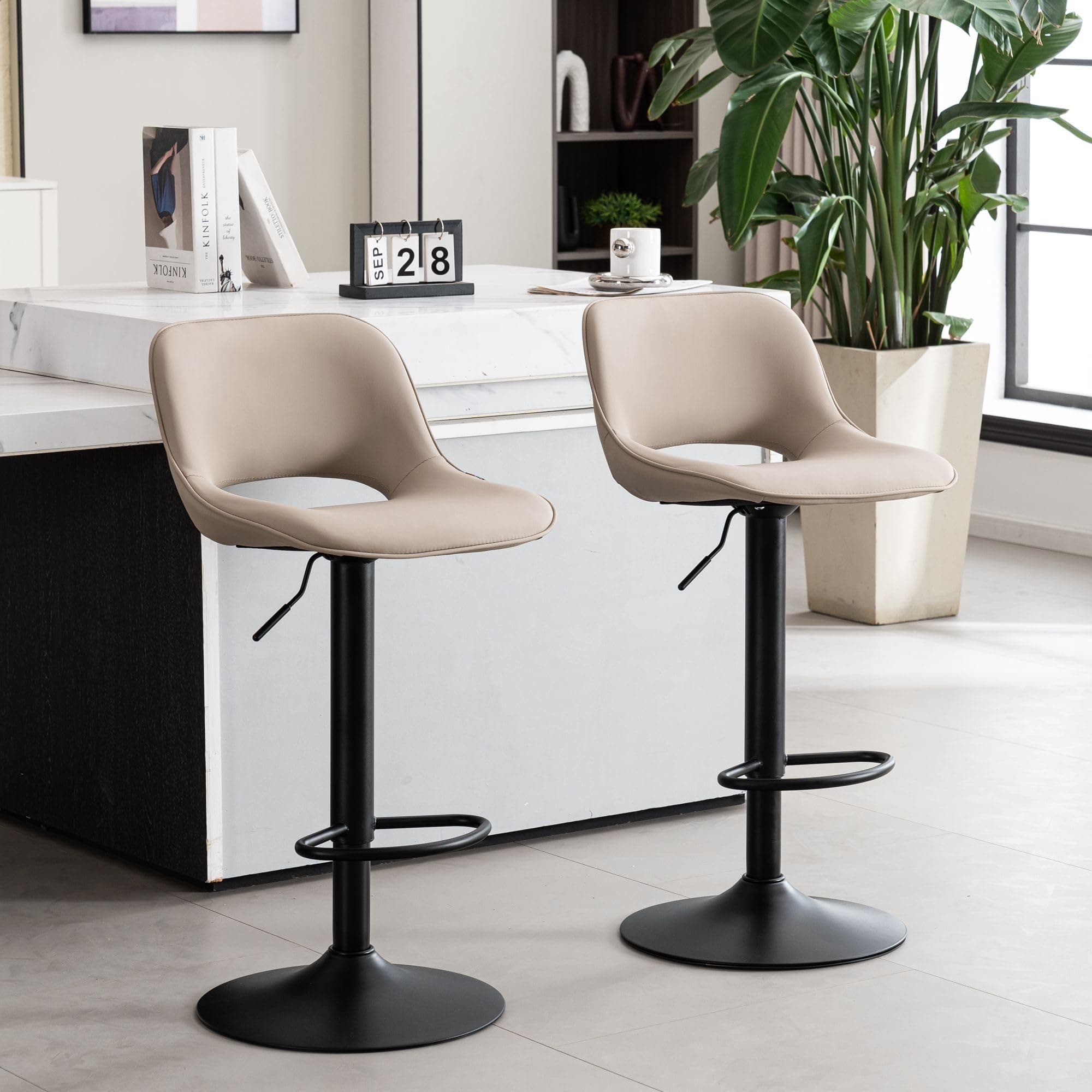 YOUNIKE Khaki Faux Leather Swivel Bar Stools Set of 2