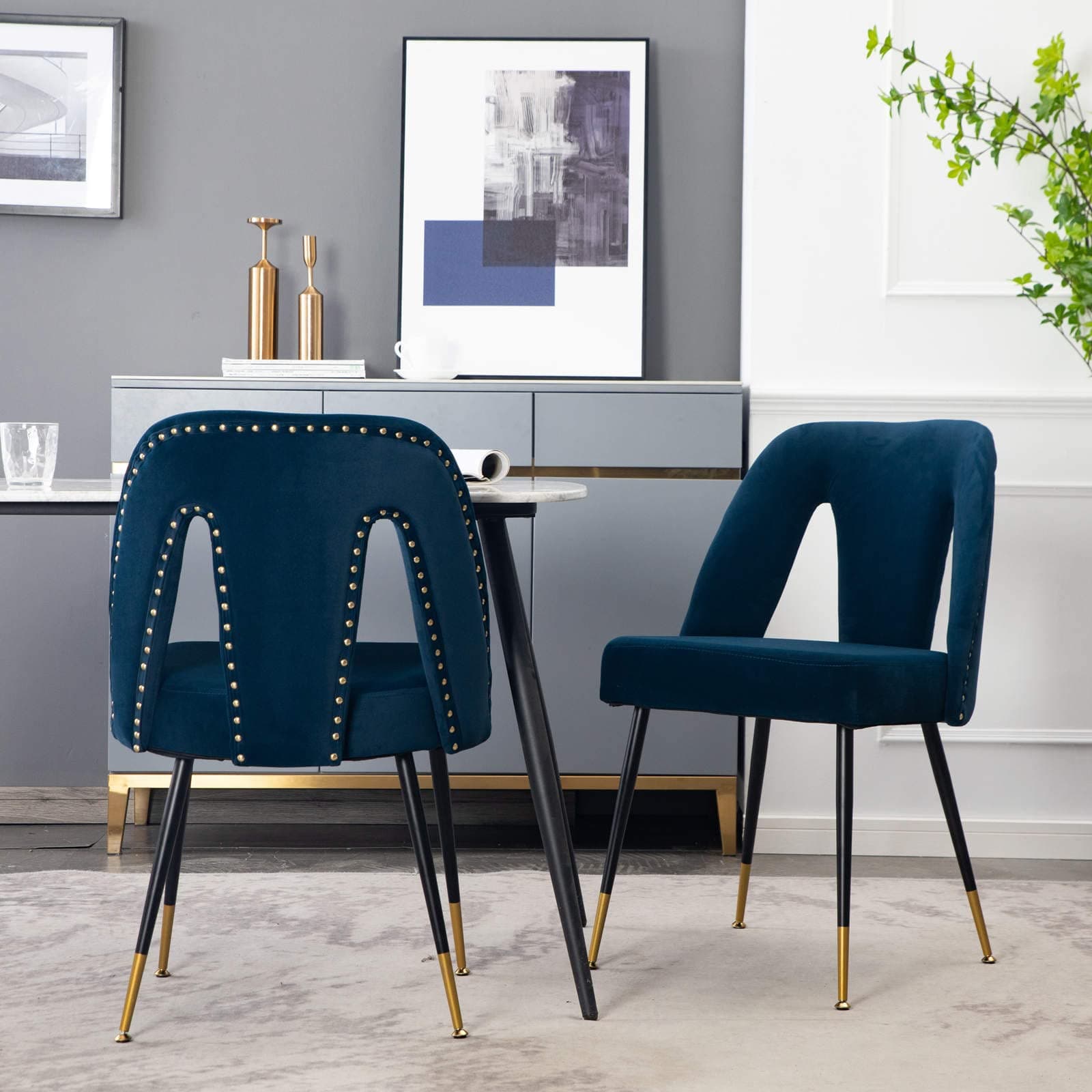 Modern Velvet Bar Stools Set with Gold Black Legs, Blue, Set of 2