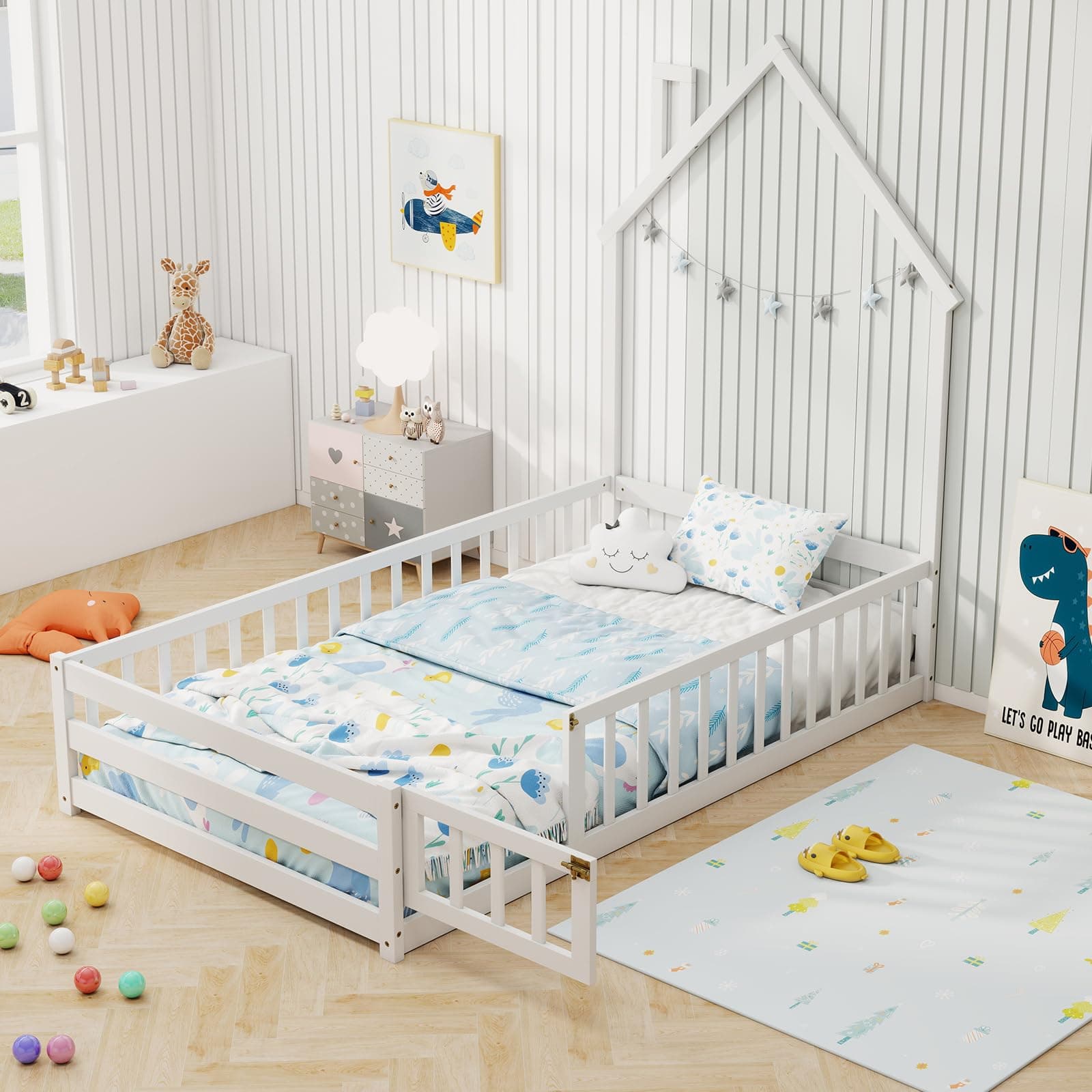 Giantex House-Shaped Montessori Twin Floor Bed with Headboard & Guardrail (White)