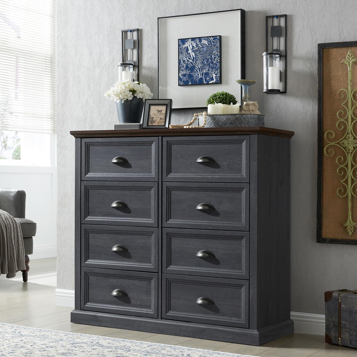 Rustic Dark Grey Farmhouse 8 Drawer Dresser, 39" Tall, Wood Organizer Storage