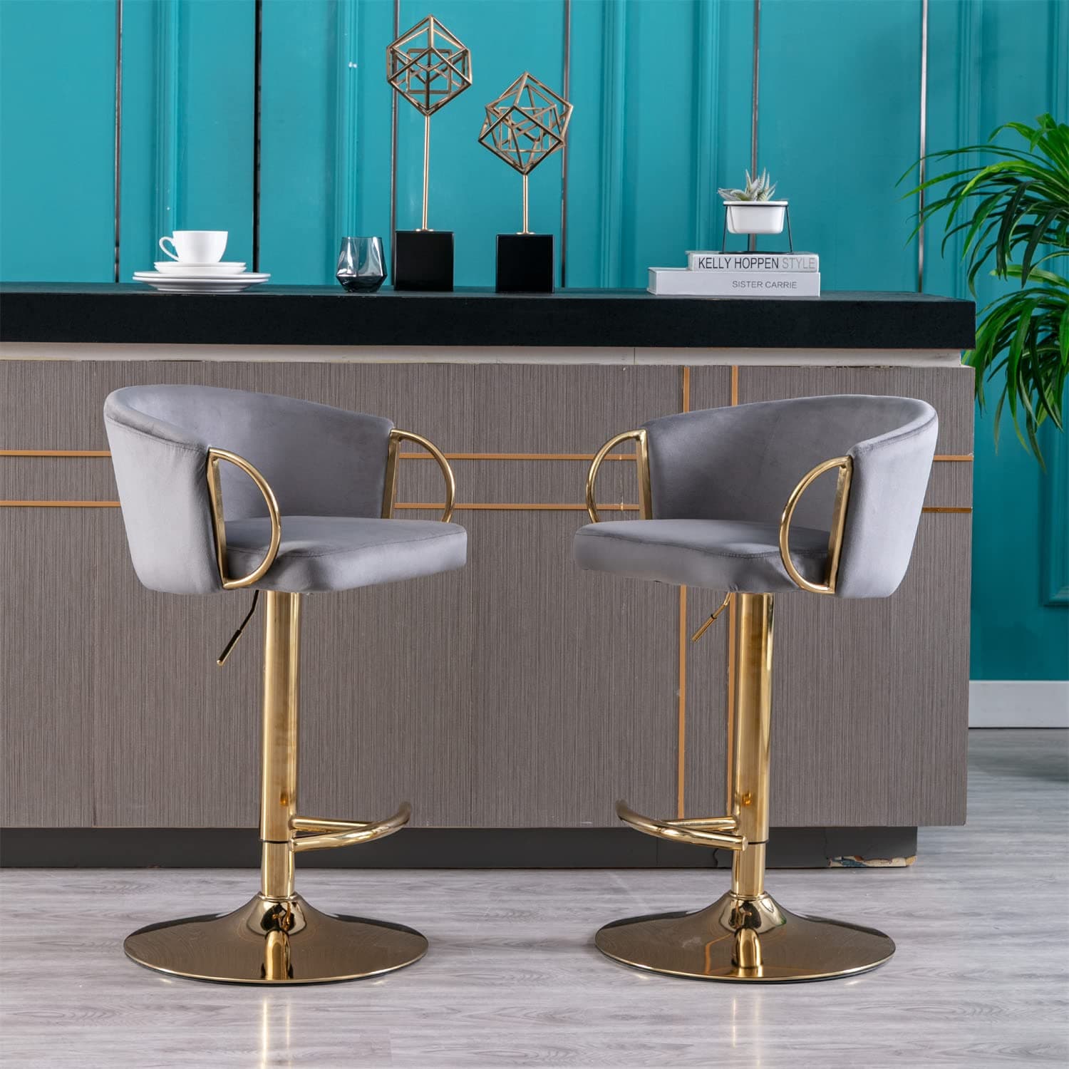 Modern Velvet Swivel Bar Stools Set of 2 with Curved Back and Chrome Footrest, Grey