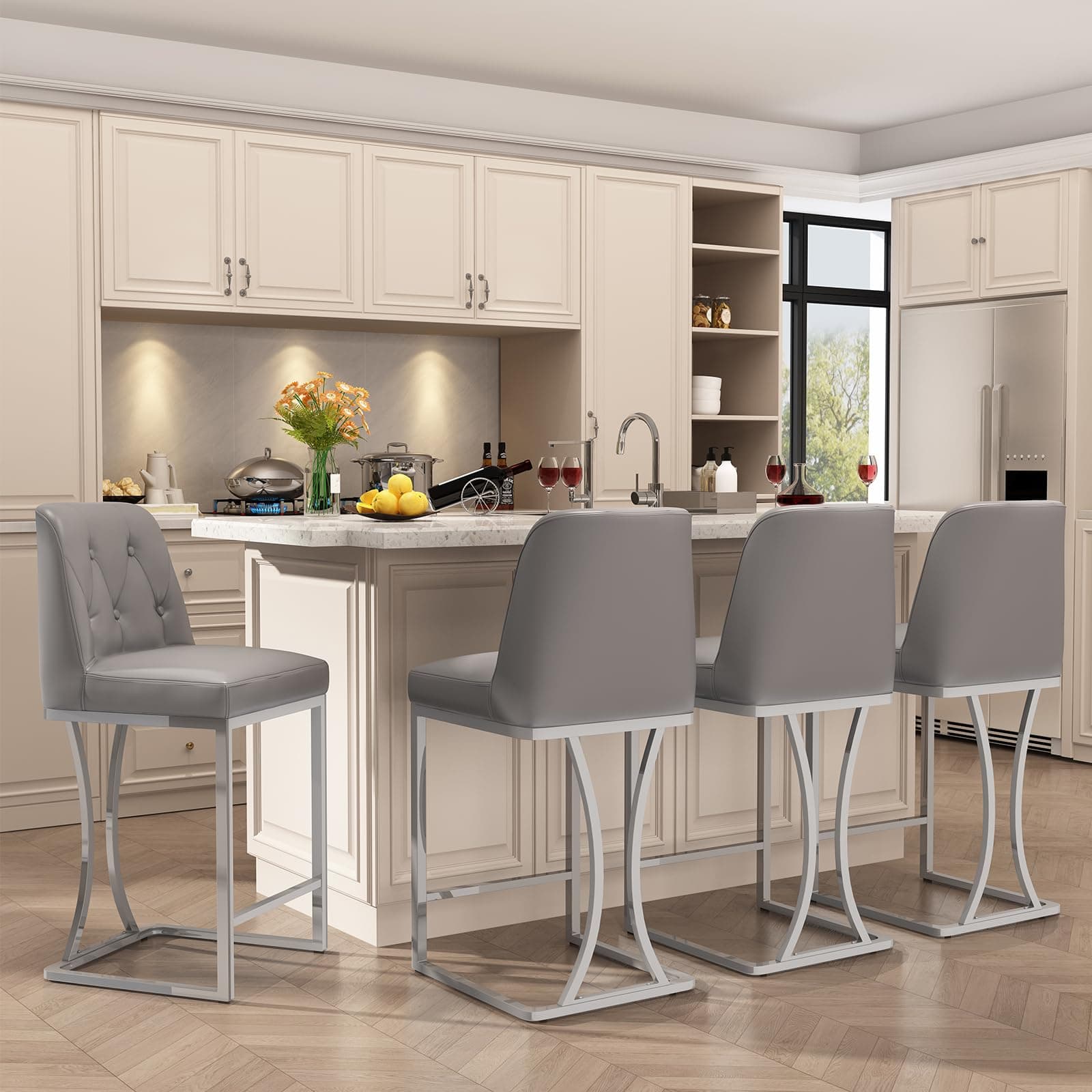 Silver Metal Frame Grey Bar Stools Set of 4 with Footrest
