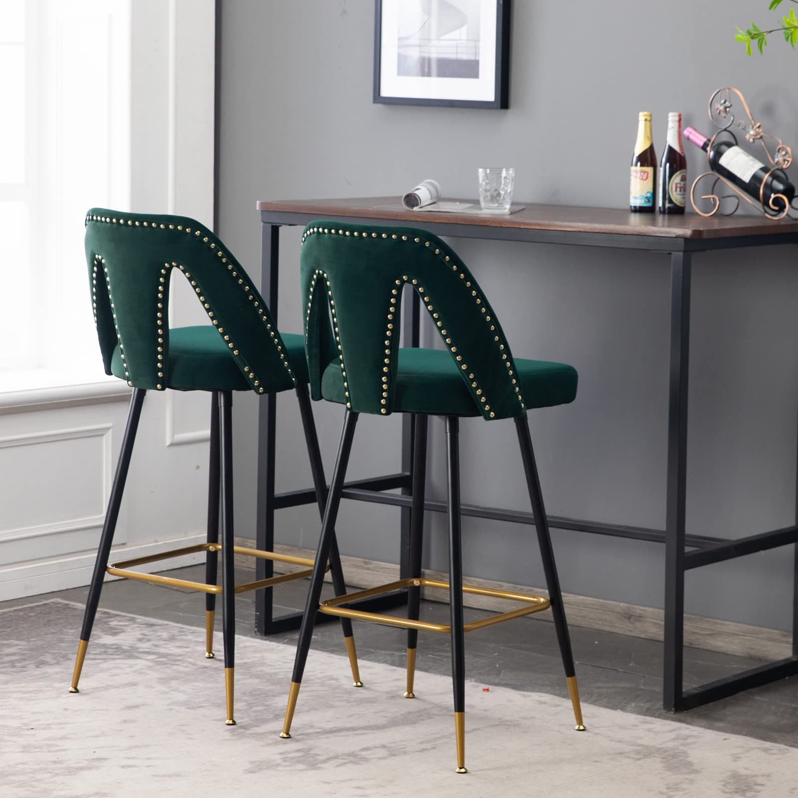 i-POOK Velvet Upholstered Counter Height Bar Stools Set of 2