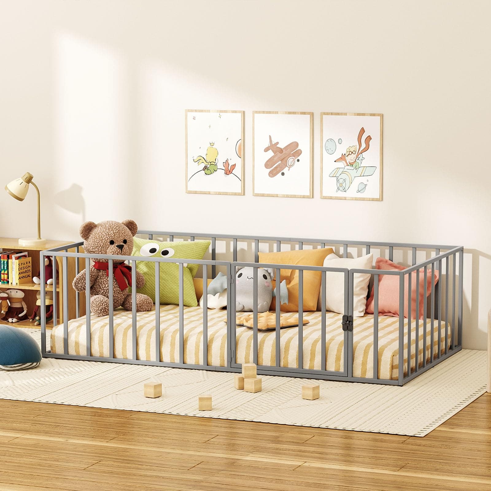 ROOMTEC Montessori Twin Floor Bed Frame with Fence & Door Easy Assembly