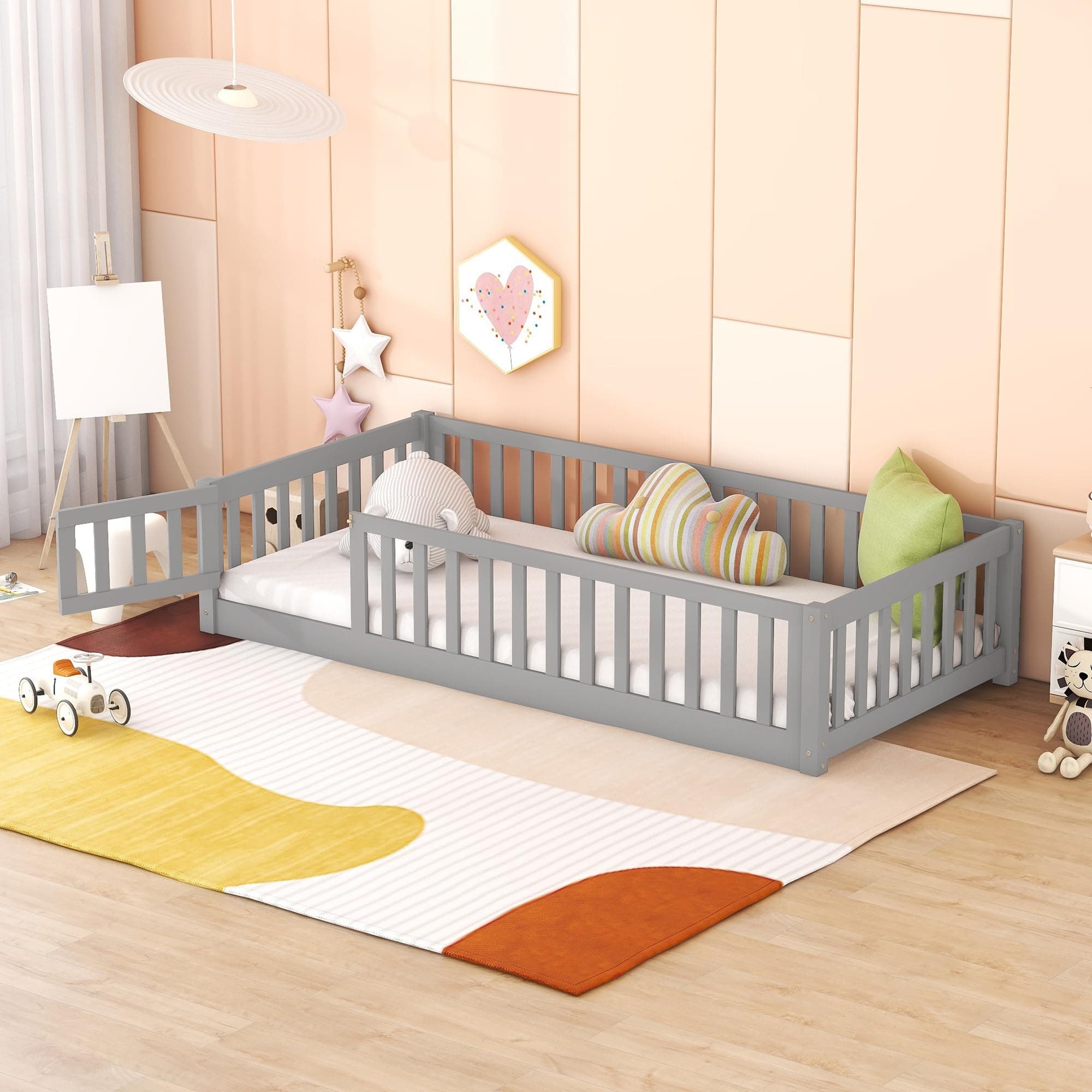 Twin Size Montessori Floor Bed for Kids, Wooden Platform with Rails and Door, Gray