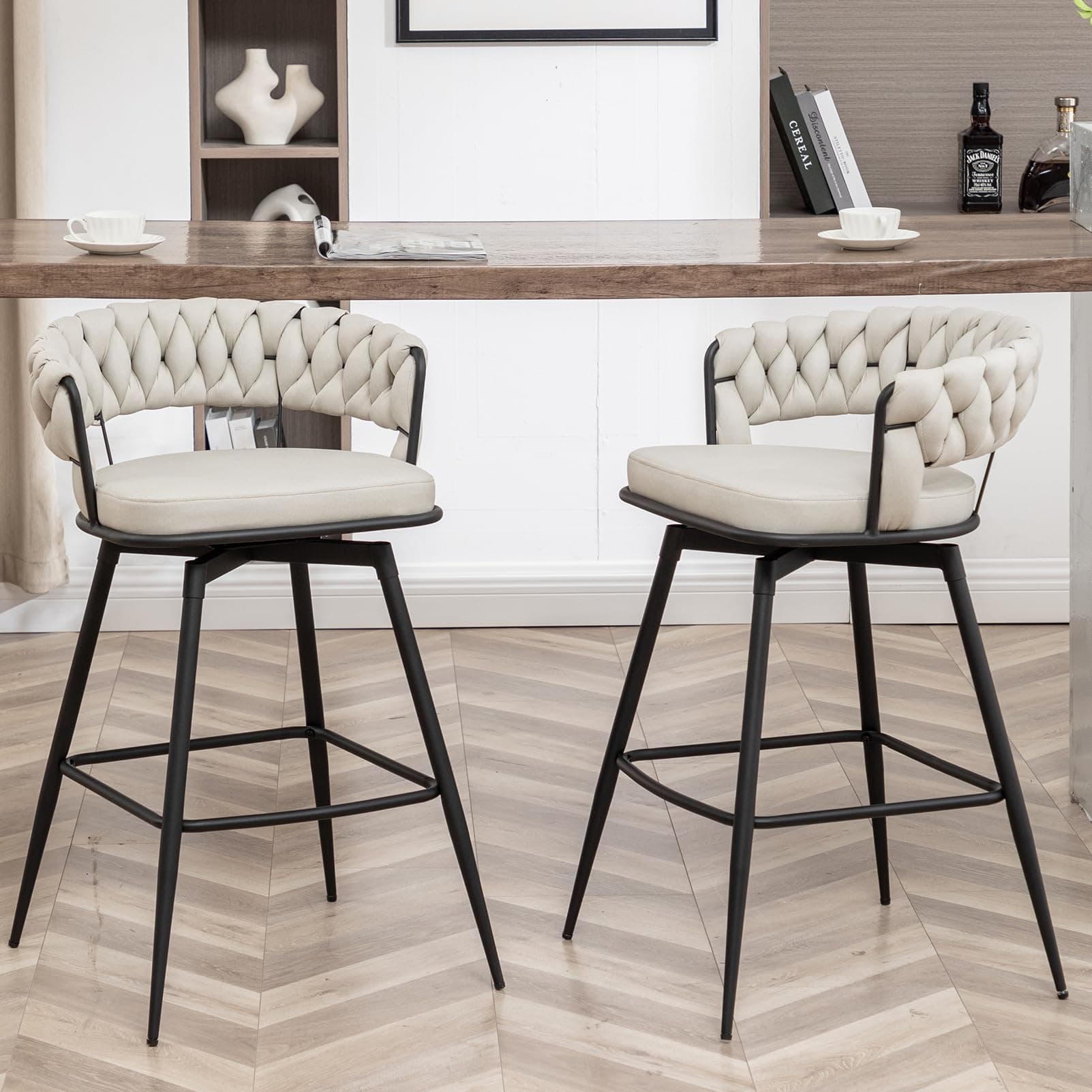 Beige 26" Swivel Bar Stool Set for Kitchen Island (Set of 2)