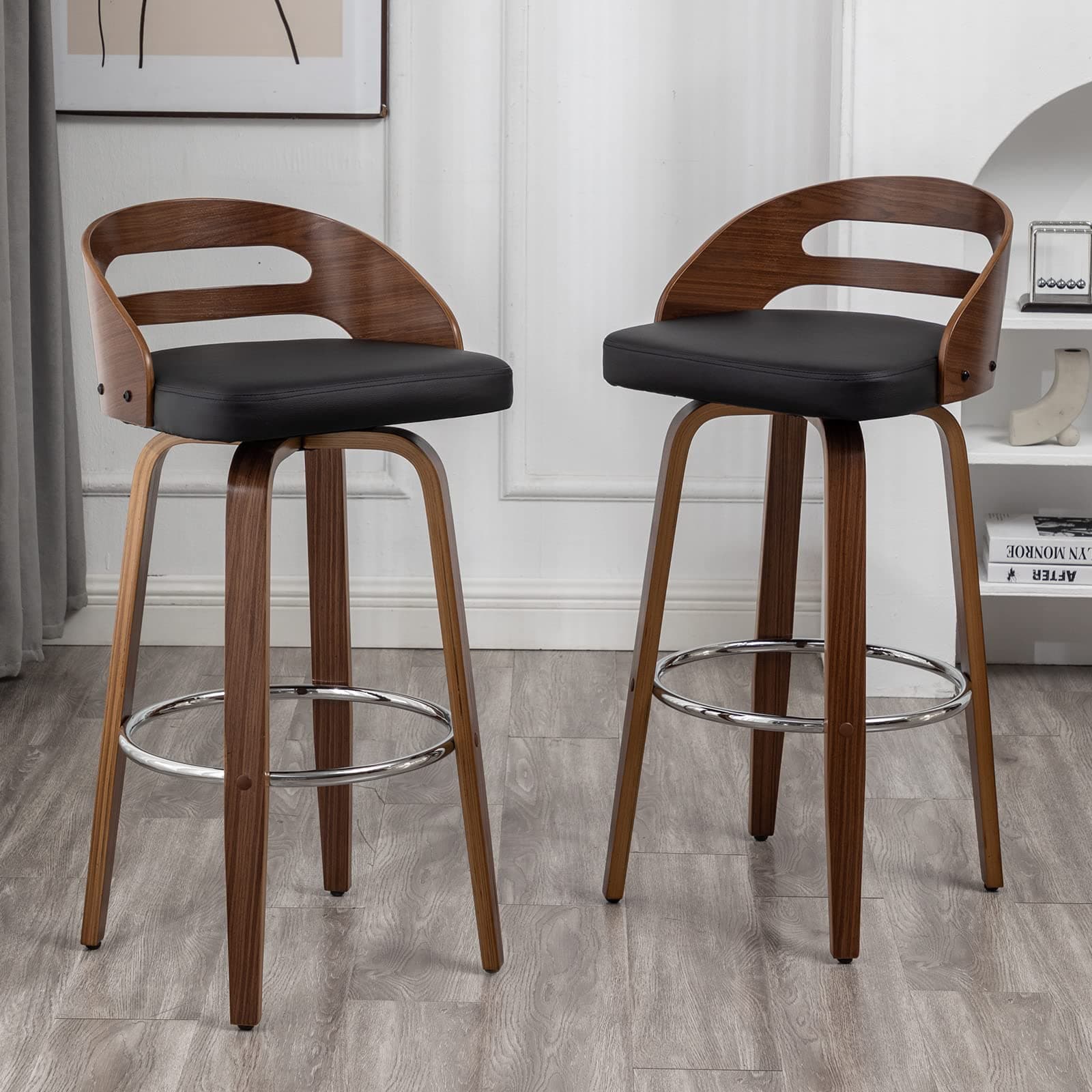 Set of 2 Swivel Bar Stools with Low Back and Cushion Seat (Black, 26 Counter Height)