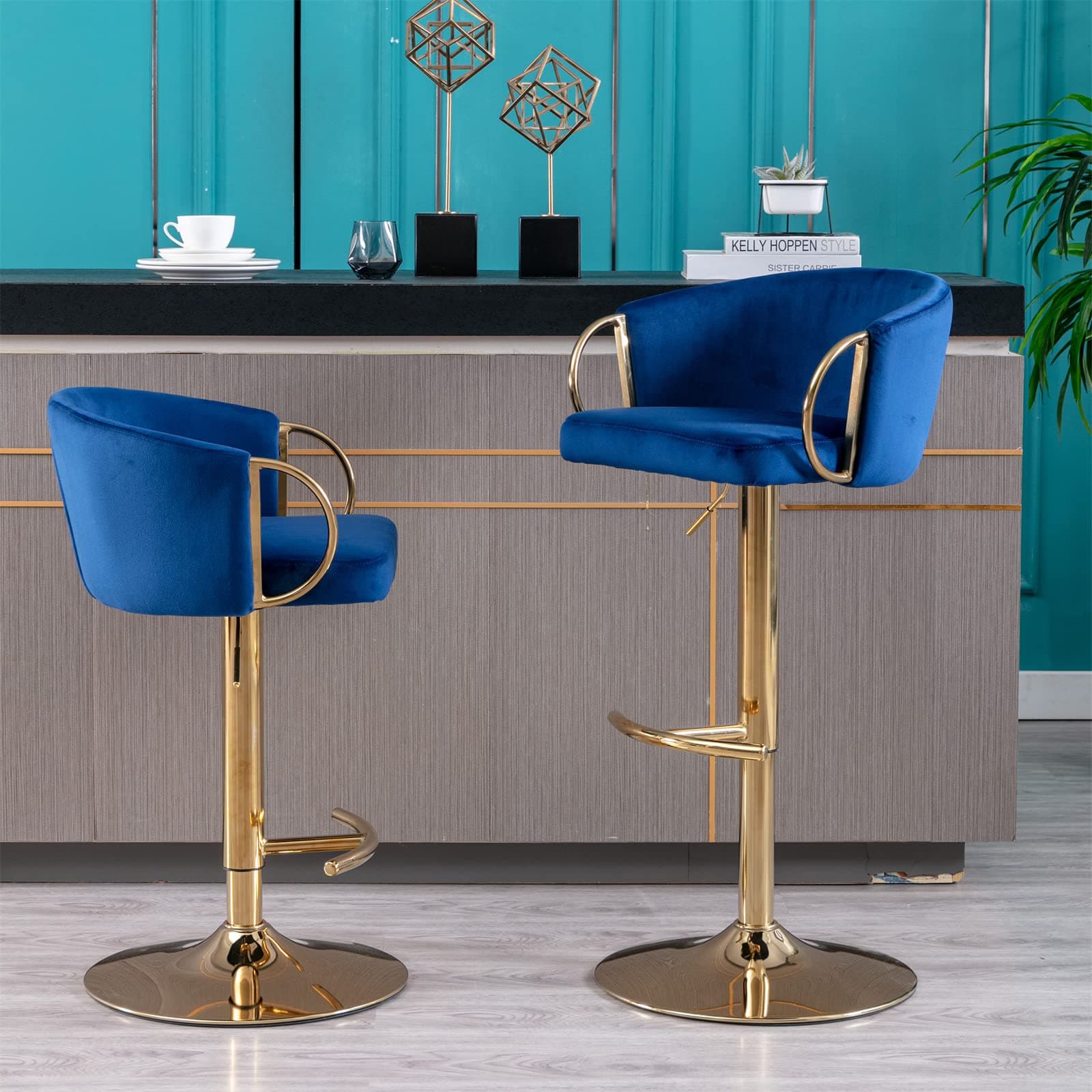 Adjustable Velvet Swivel Bar Stools Set of 2, Navy Color, for Dining Room Home Bar Kitchen Island