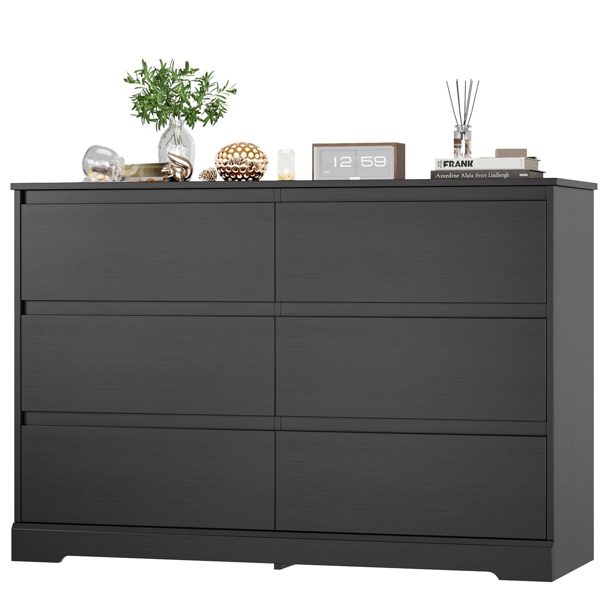 Fotosok Black Modern 6-Drawer Double Dresser, Wide Storage Cabinet