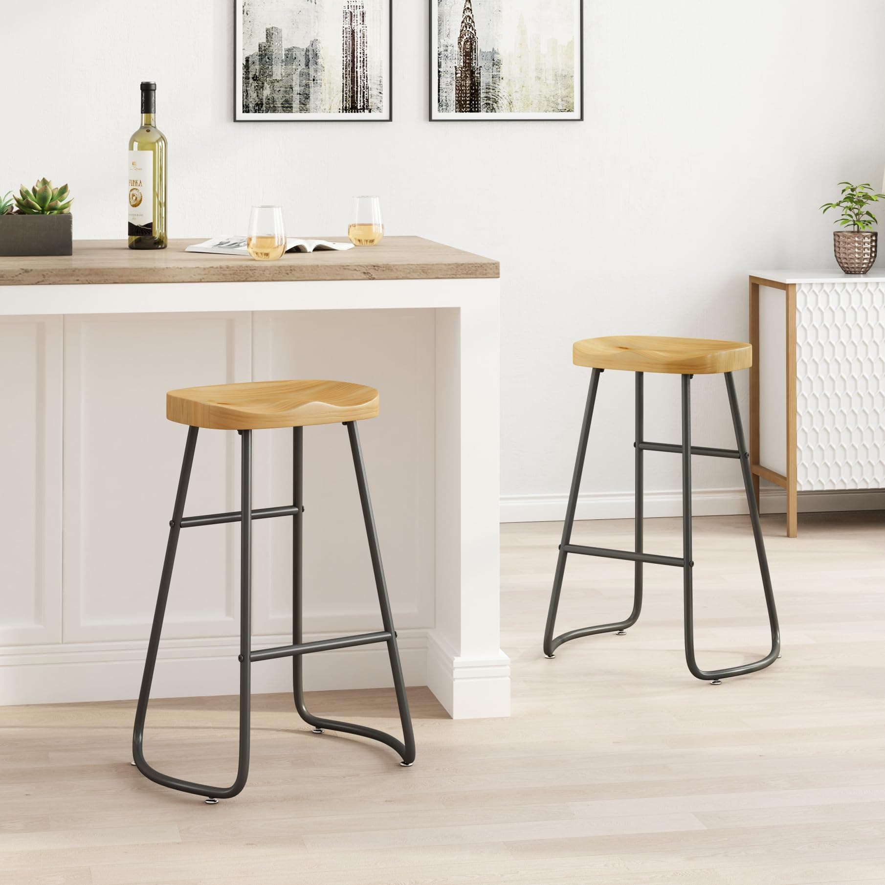 Wood Seat Bar Stools Set of 2 for Kitchen and Coffee Shop