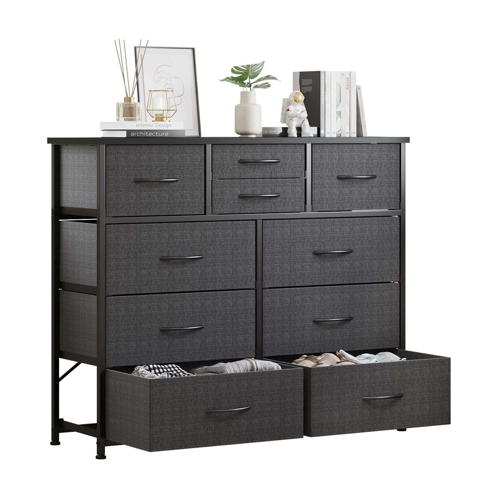 LUMTOK 10-Drawer Fabric Dresser, Steel Frame, Wood Top (Grey)