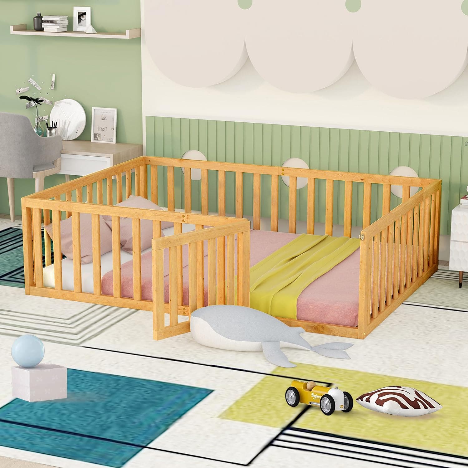 i-POOK Montessori Floor Bed for Kids, Natural Wood Frame with Fence & Door