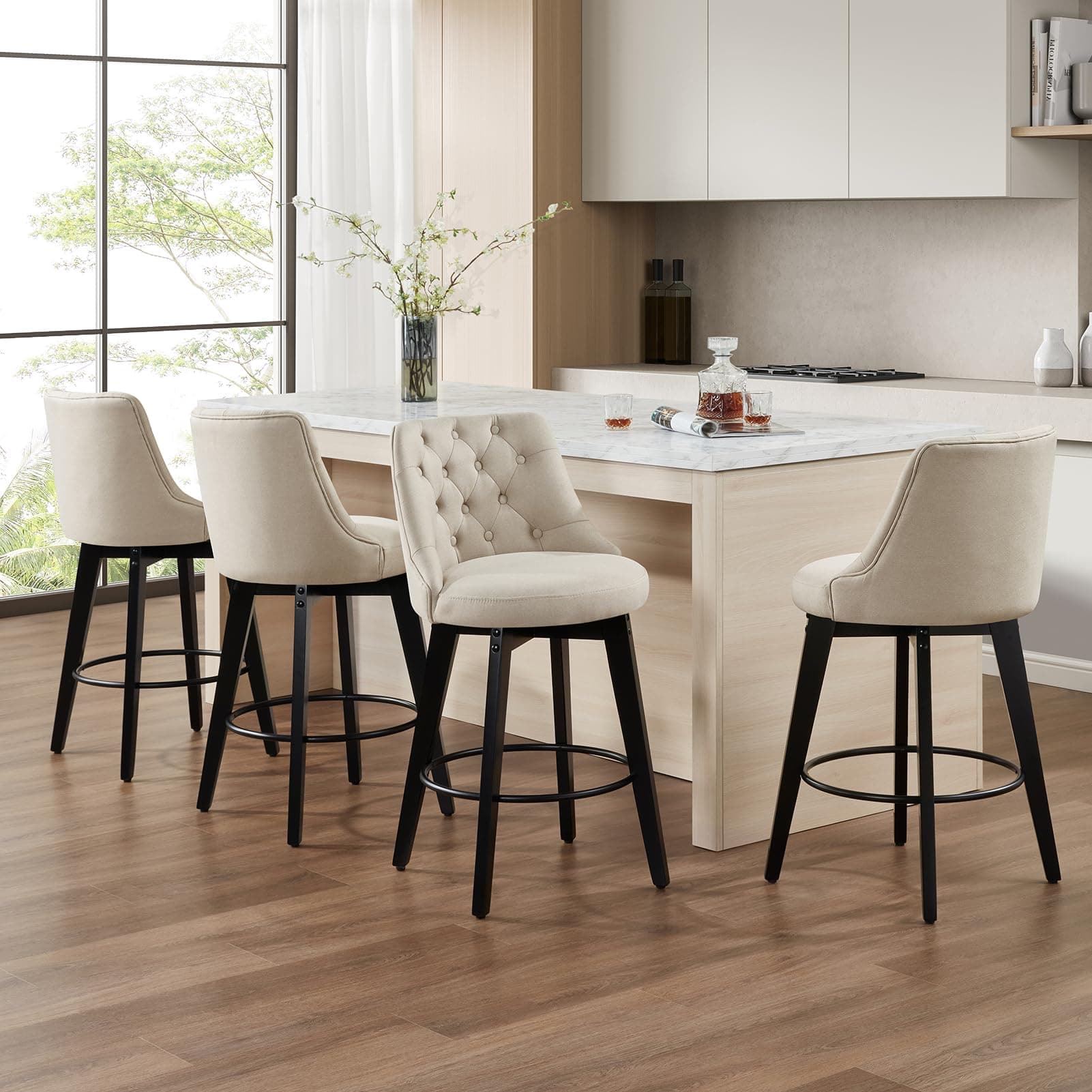 Beige Farmhouse Counter Height Bar Stool Set of 4 Kitchen Island Chairs