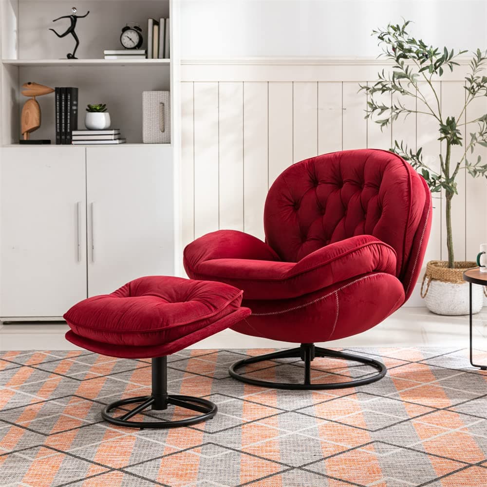 Velvet Swivel Accent Chair with Ottoman Set for Living Room, Red