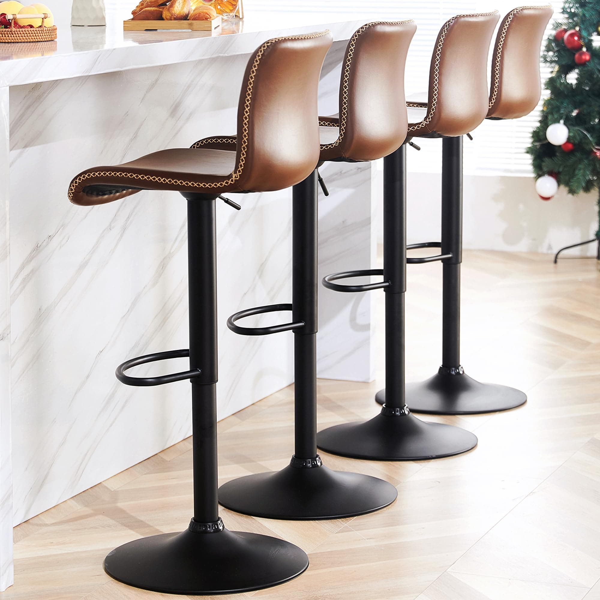 Swivel Bar Stools Set of 4 for Kitchen Island, Counter Height, Brown Faux Leather (24'' to 32'')