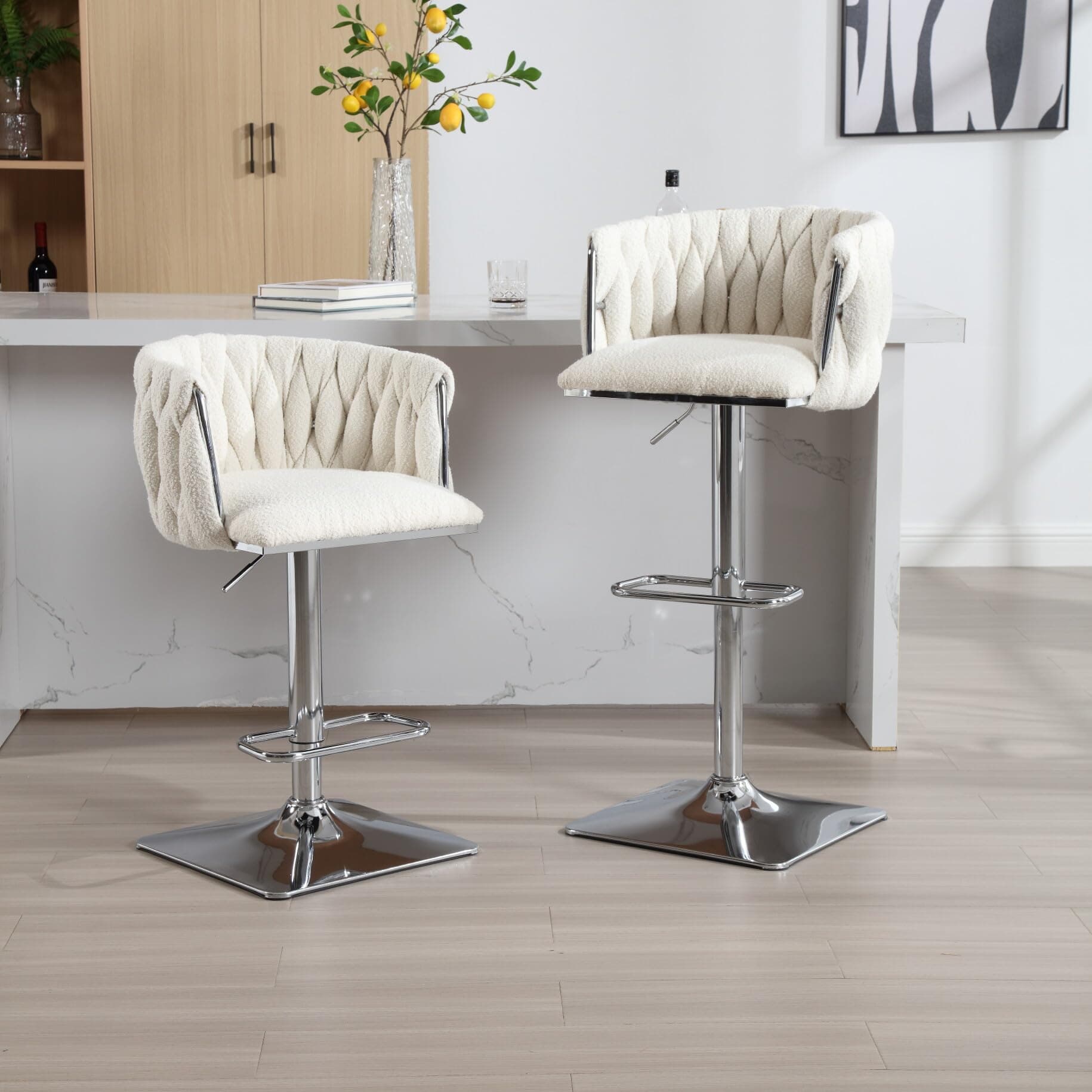 Adjustable Boucle Swivel Bar Stools Set of 2 with Hand Woven Back and Silver Footrest, for Kitchen Island and Dining Room