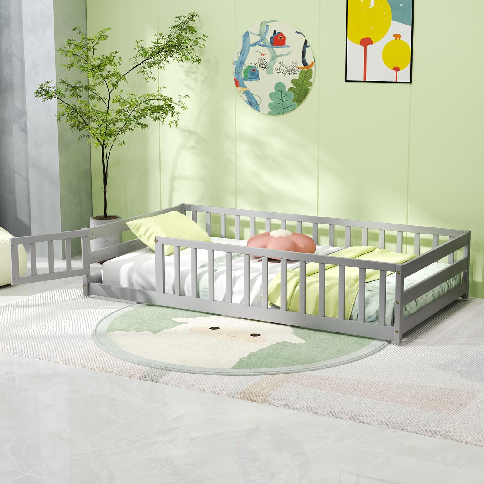 KOMFOTT Grey Twin Size Wooden Montessori Floor Bed with Safety Guardrails & Door