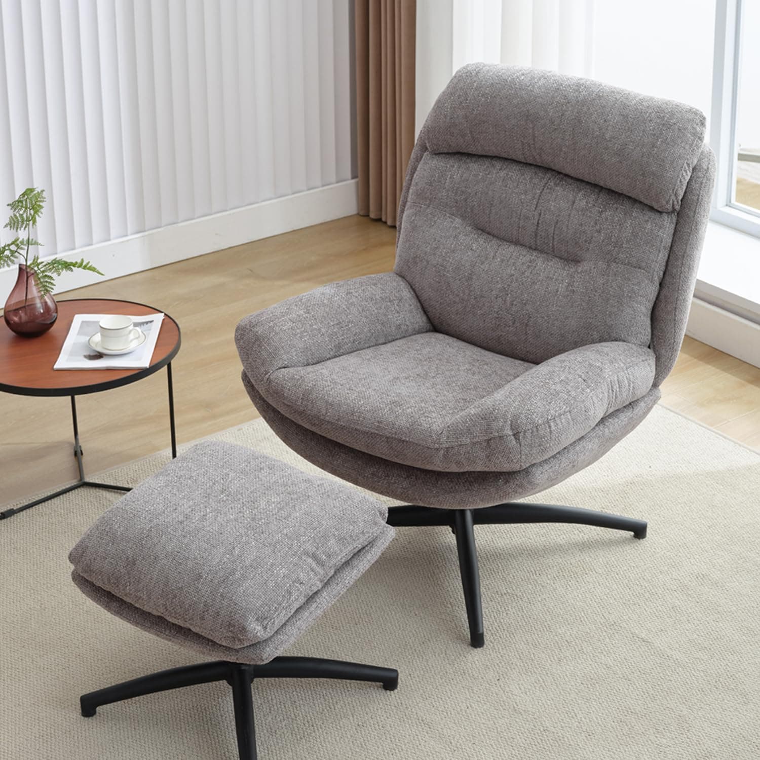 Swivel Accent Chair with Ottoman, Grey: Comfortable Reading Lounge